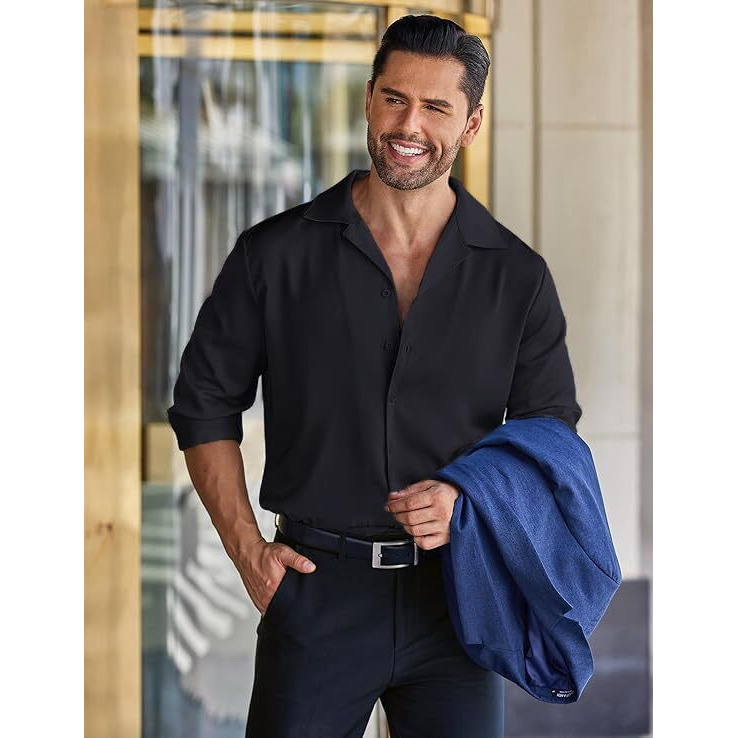 Cb-Colebrook Men Luxury Satin Silk Dress Shirt - Long Sleeve, Satin, Shiny Button Down, Prom, Wedding Party Shirt (In, Alpha, 2Xl, Regular, Black)