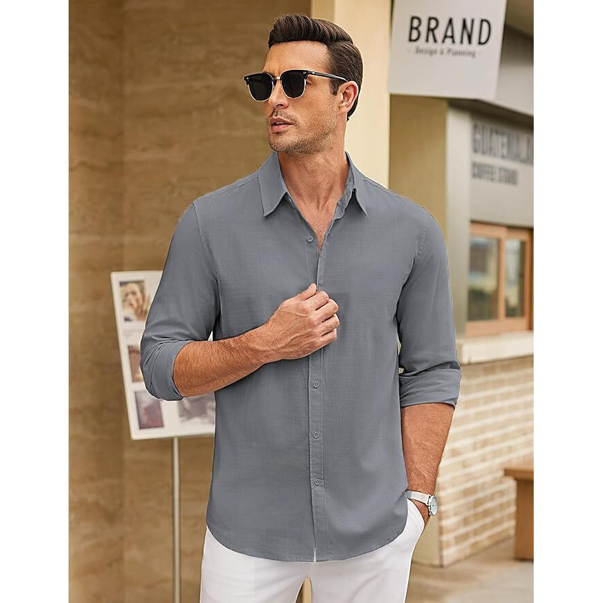 Cb-Colebrook Men's Long Sleeve Button Down Shirts Casual Cotton Linen Shirts Summer Beach Shirt For Mens Top (In, Alpha, Xl, Regular, Grey)