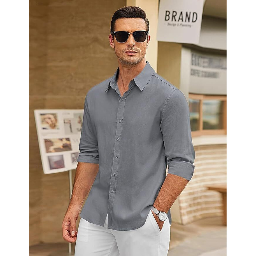 Cb-Colebrook Men's Long Sleeve Button Down Shirts Casual Cotton Linen Shirts Summer Beach Shirt For Mens Top (In, Alpha, Xl, Regular, Grey)