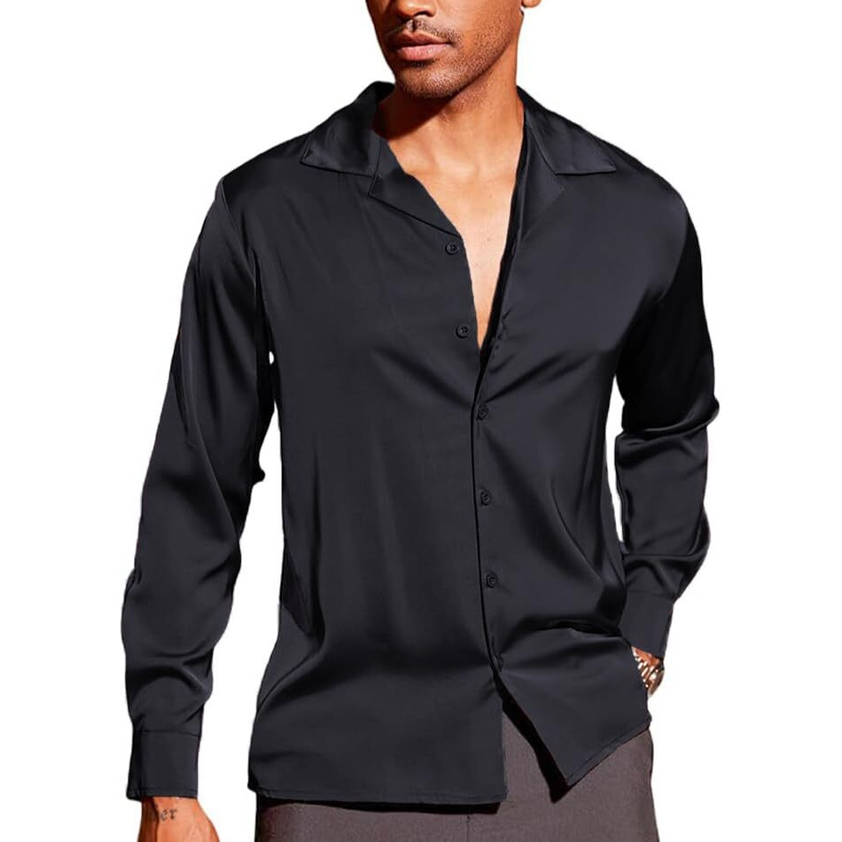 Cb-Colebrook Men Luxury Satin Silk Dress Shirt - Long Sleeve, Satin, Shiny Button Down, Prom, Wedding Party Shirt (In, Alpha, L, Regular, Black)