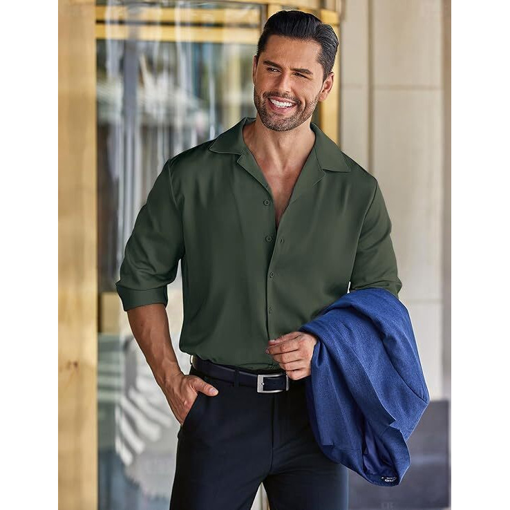 Cb-Colebrook Men Luxury Satin Silk Dress Shirt - Long Sleeve, Satin, Shiny Button Down, Prom, Wedding Party Shirt (In, Alpha, 2Xl, Regular, Mehendi)