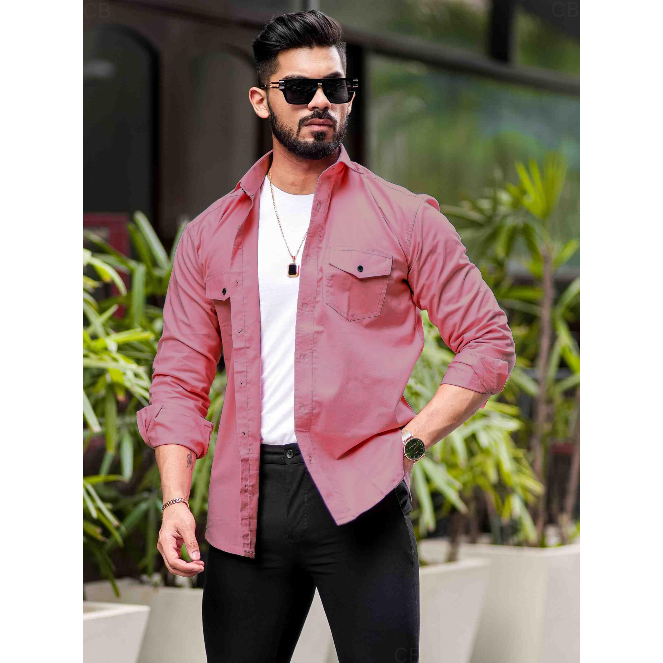 Cb-Colebrook Men's Regular Fit Fancy Double Pocket Utility Casual Shirt For Men Full Sleeves Stylish Shirt - Cargo (Previously Goodthreads) (In, Alpha, 2Xl, Regular, Dusty Pink)