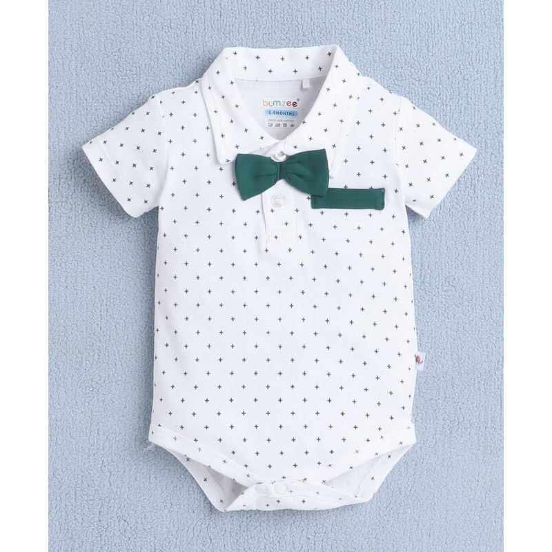 Bumzee Baby Boys Cotton Bodysuit & Short Set With Bow Suspender & Cap White & Bottle Green - 6-9 Months