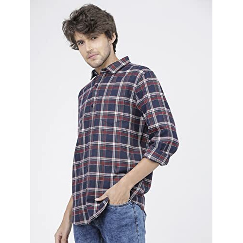 Ketch Cotton Men's Checkered Slim Fit Shirt (Khsh000252_Navy Blue/White L)