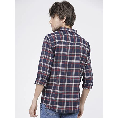 Ketch Cotton Men's Checkered Slim Fit Shirt (Khsh000252_Navy Blue/White L)