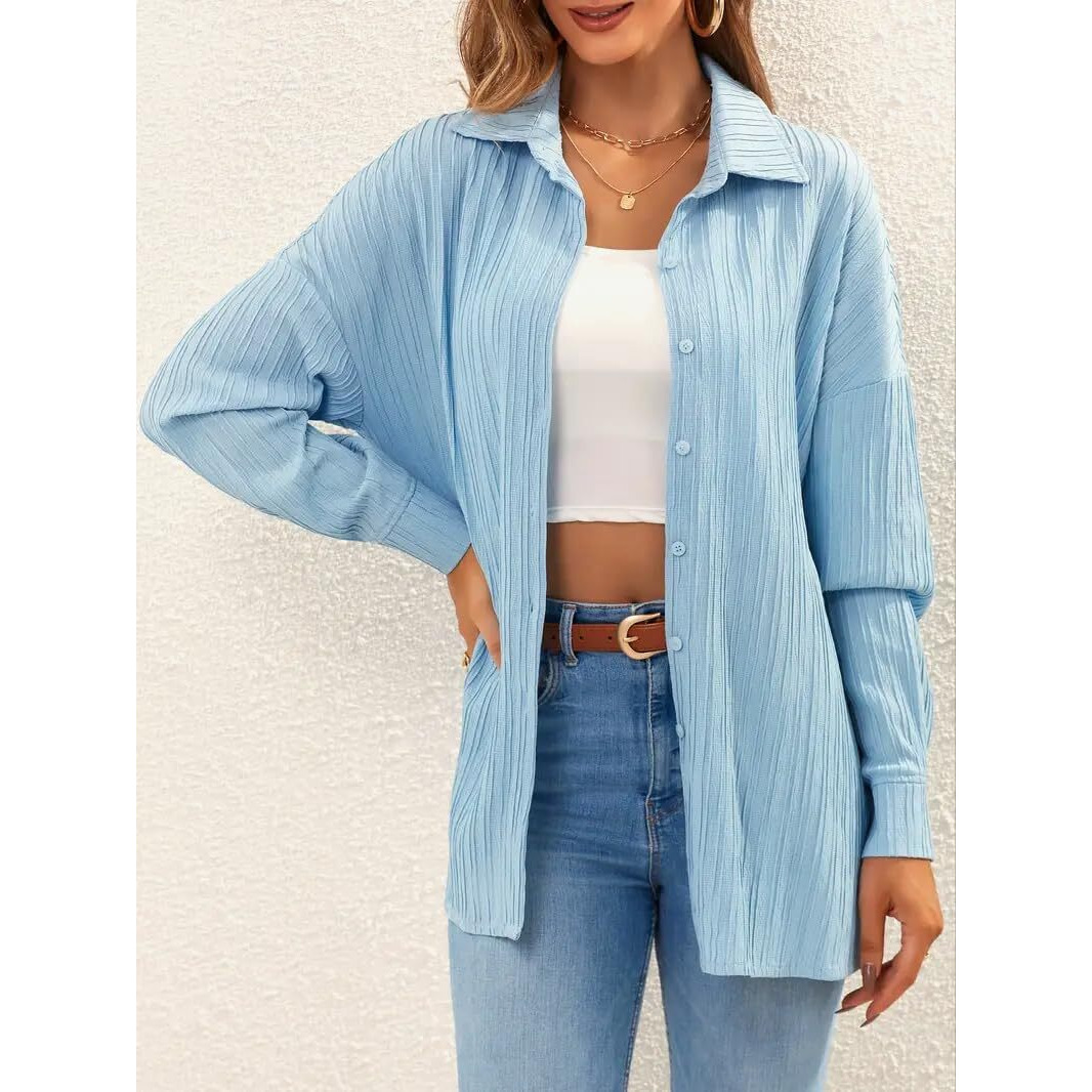 Cb-Colebrook Women's Textured Loose Fit Button Down Shirt (Wo-1035_Light Blue