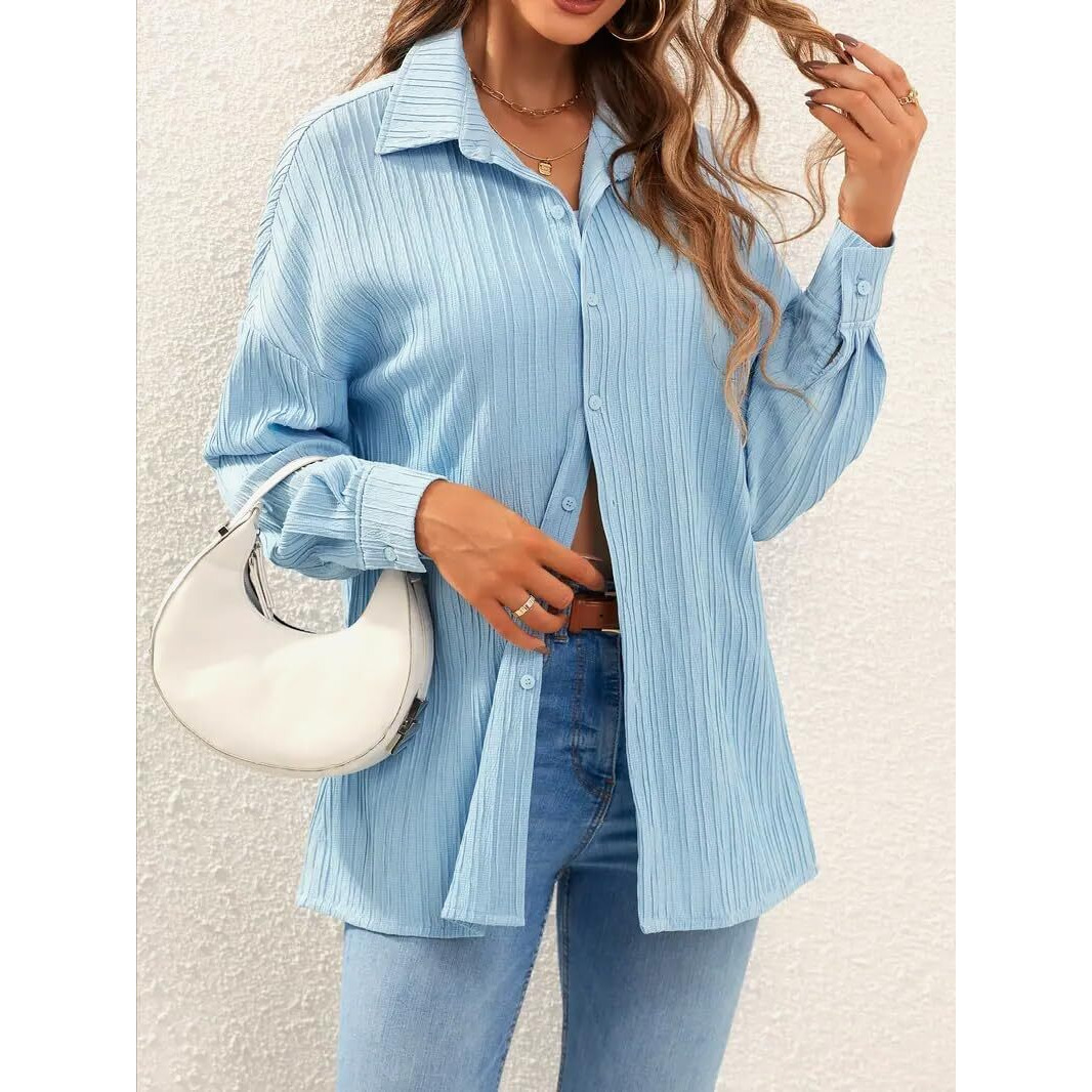 Cb-Colebrook Women's Textured Loose Fit Button Down Shirt (Wo-1035_Light Blue