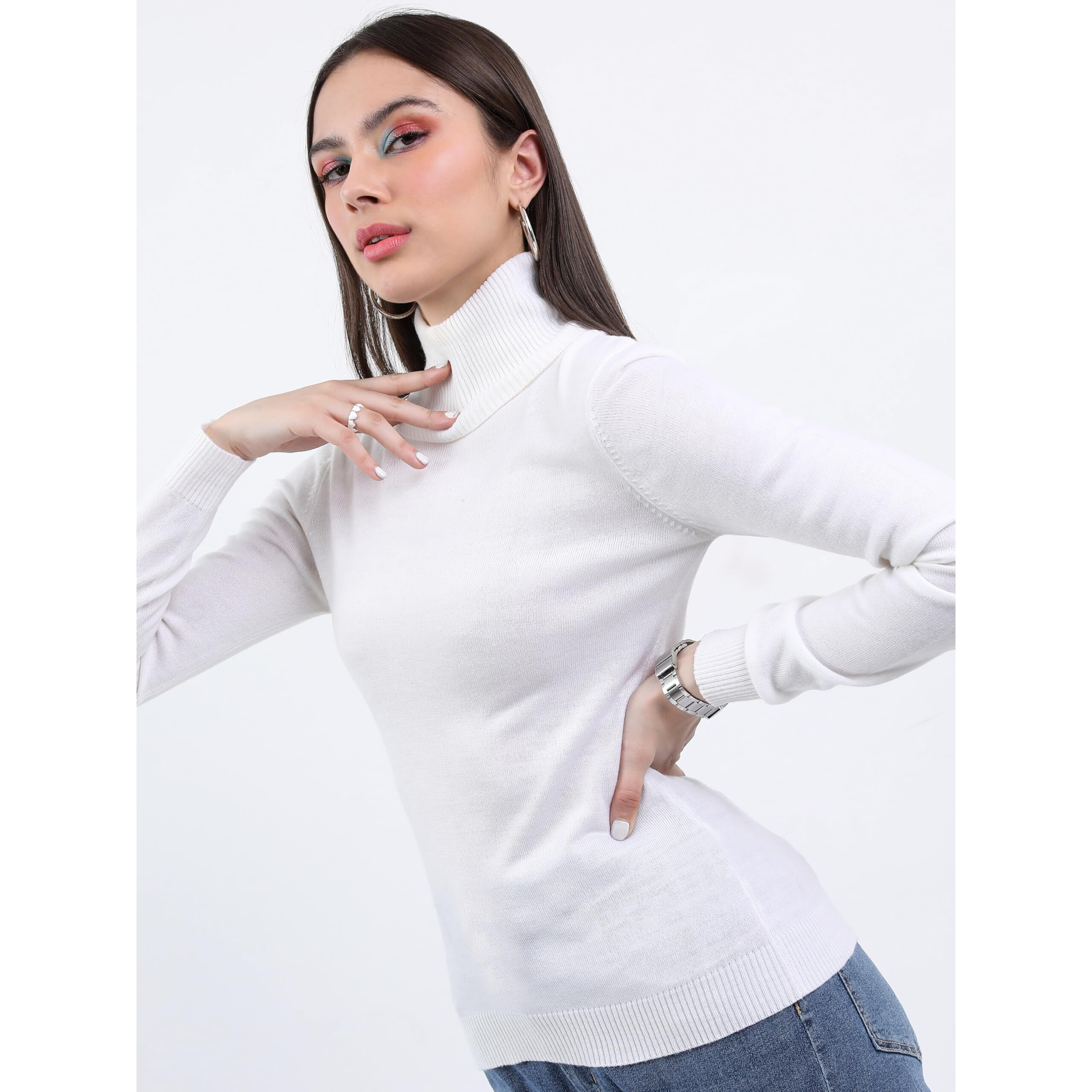 Ketch Acrylic Womens Full Sleeve Slim Fit Sweater Khsw000004 White M
