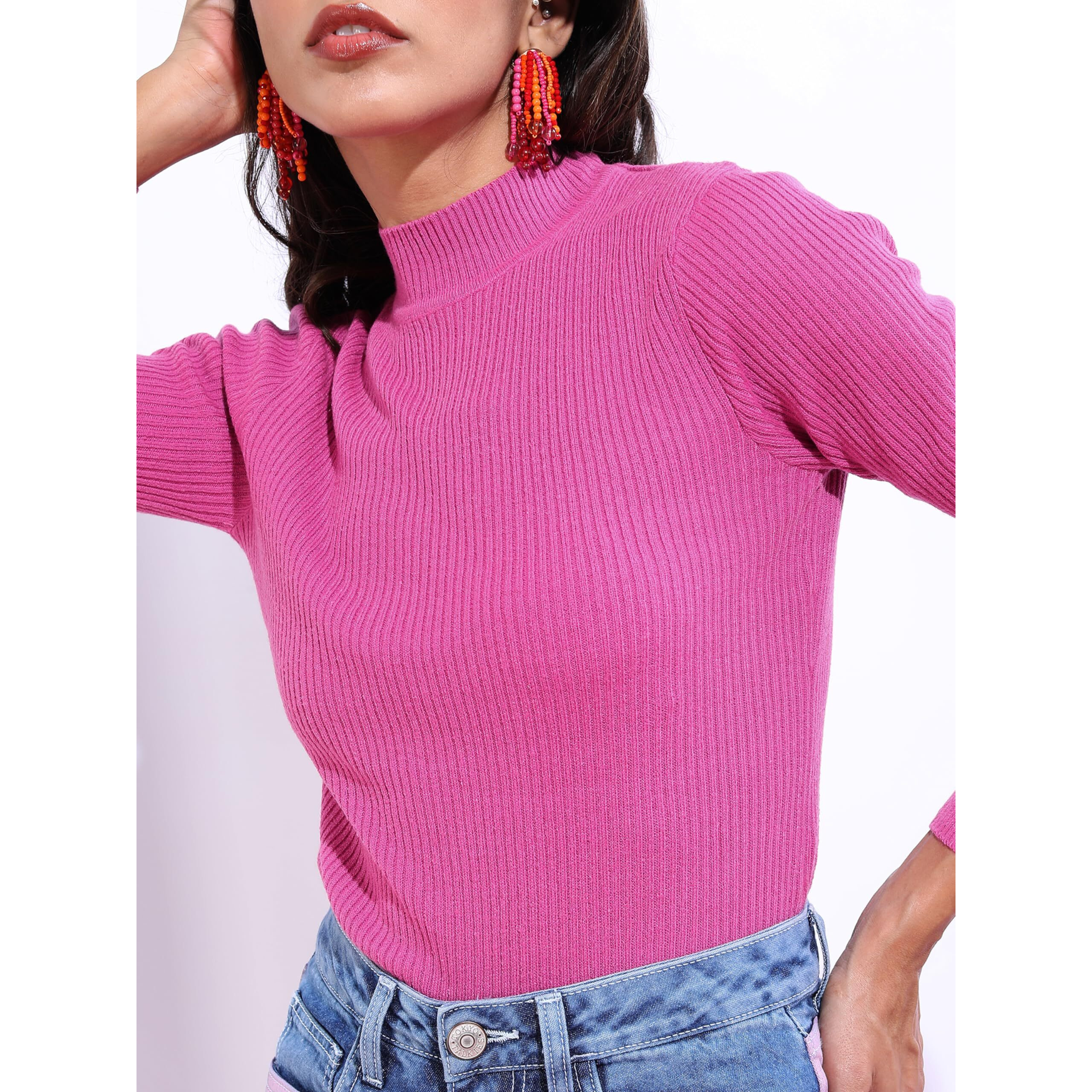 Ketch Acrylic Womens Full Sleeve Slim Fit Sweater Khsw000014 Pink M