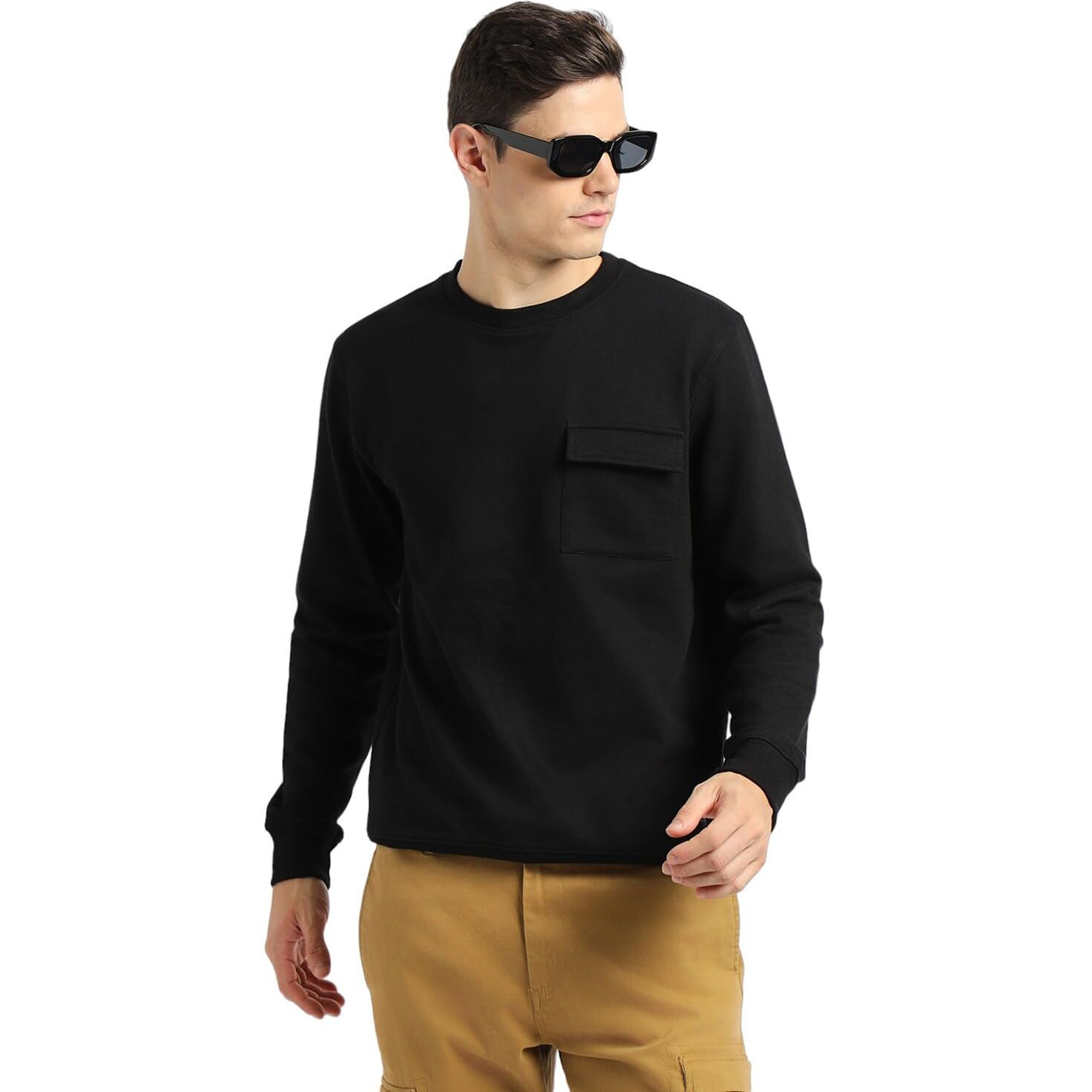 Dennis Lingo Black Solid Patch Pocket Mock Neck Sweatshirt (Dlmssw23005_Bk_M)