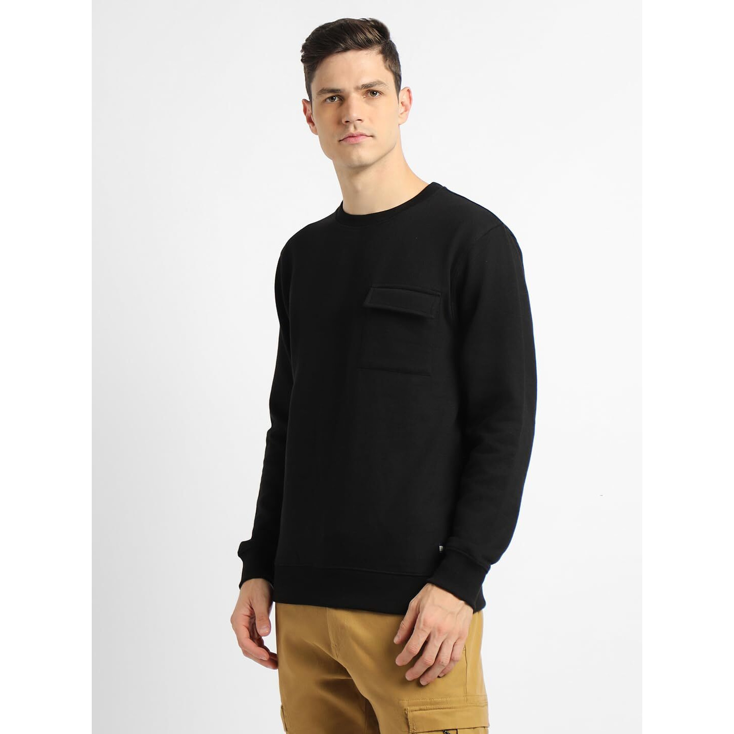 Dennis Lingo Black Solid Patch Pocket Mock Neck Sweatshirt (Dlmssw23005_Bk_M)