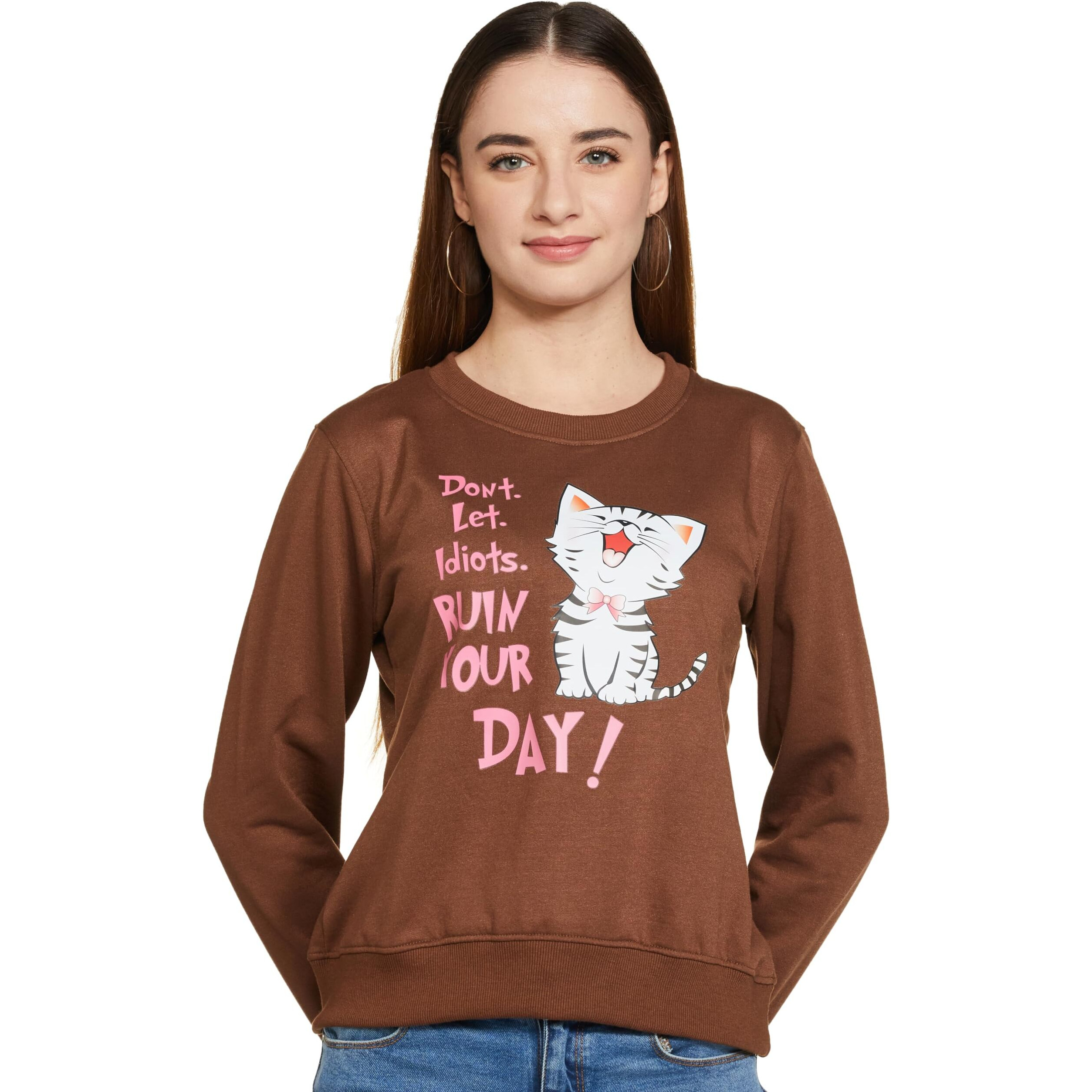 Ketch Women's Cotton Blend Round Neck Sweatshirt (Khss000171_Brown