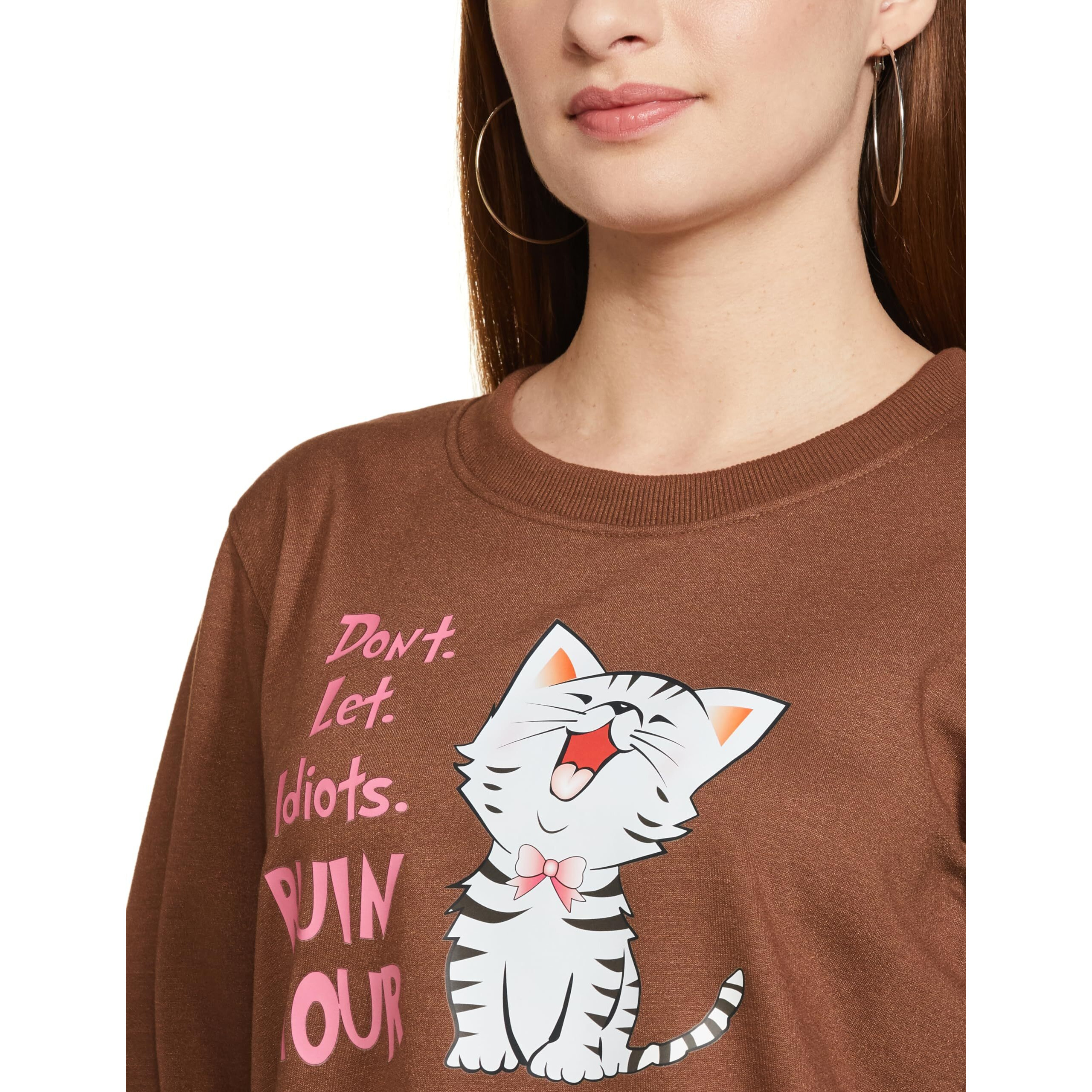 Ketch Women's Cotton Blend Round Neck Sweatshirt (Khss000171_Brown