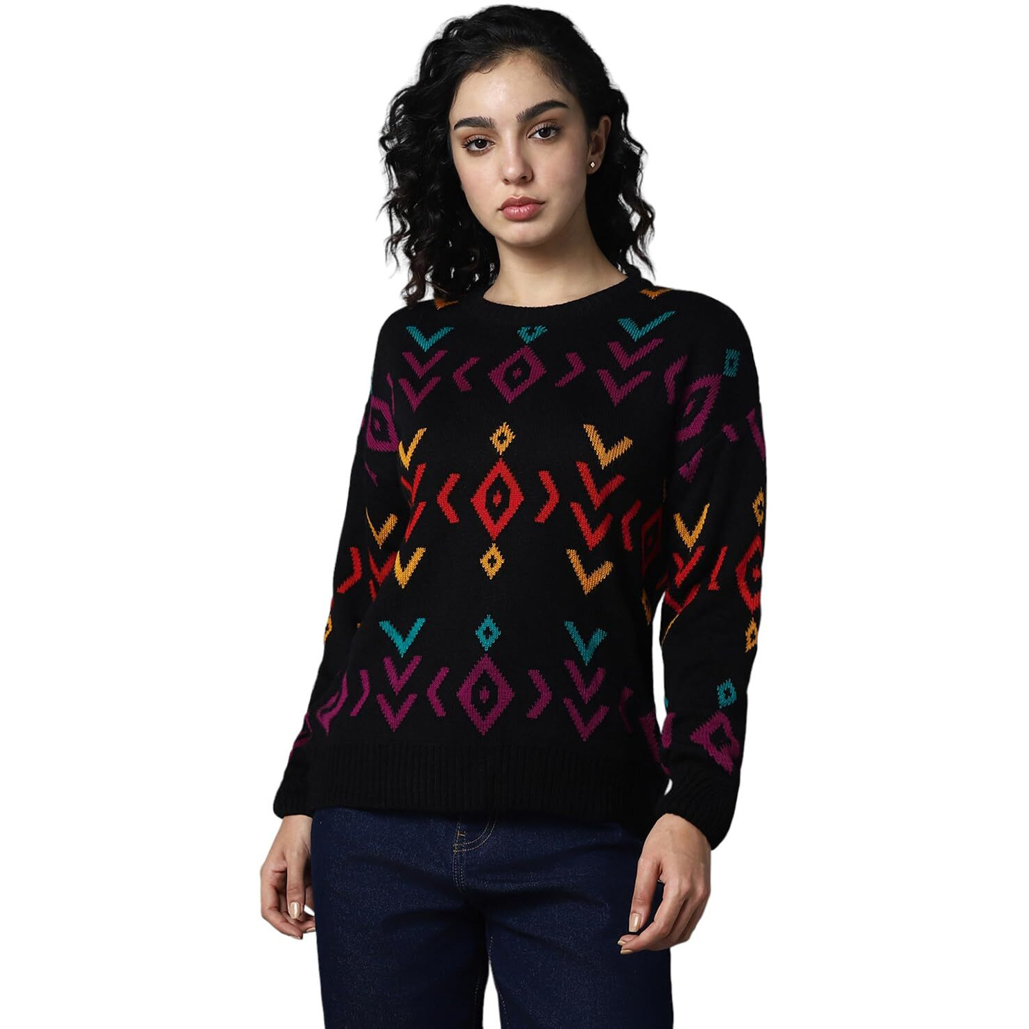 High Star Women's Acrylic Round Neck Pullover Sweater (Hswsww23001_Mc2_Multicolored2 Black