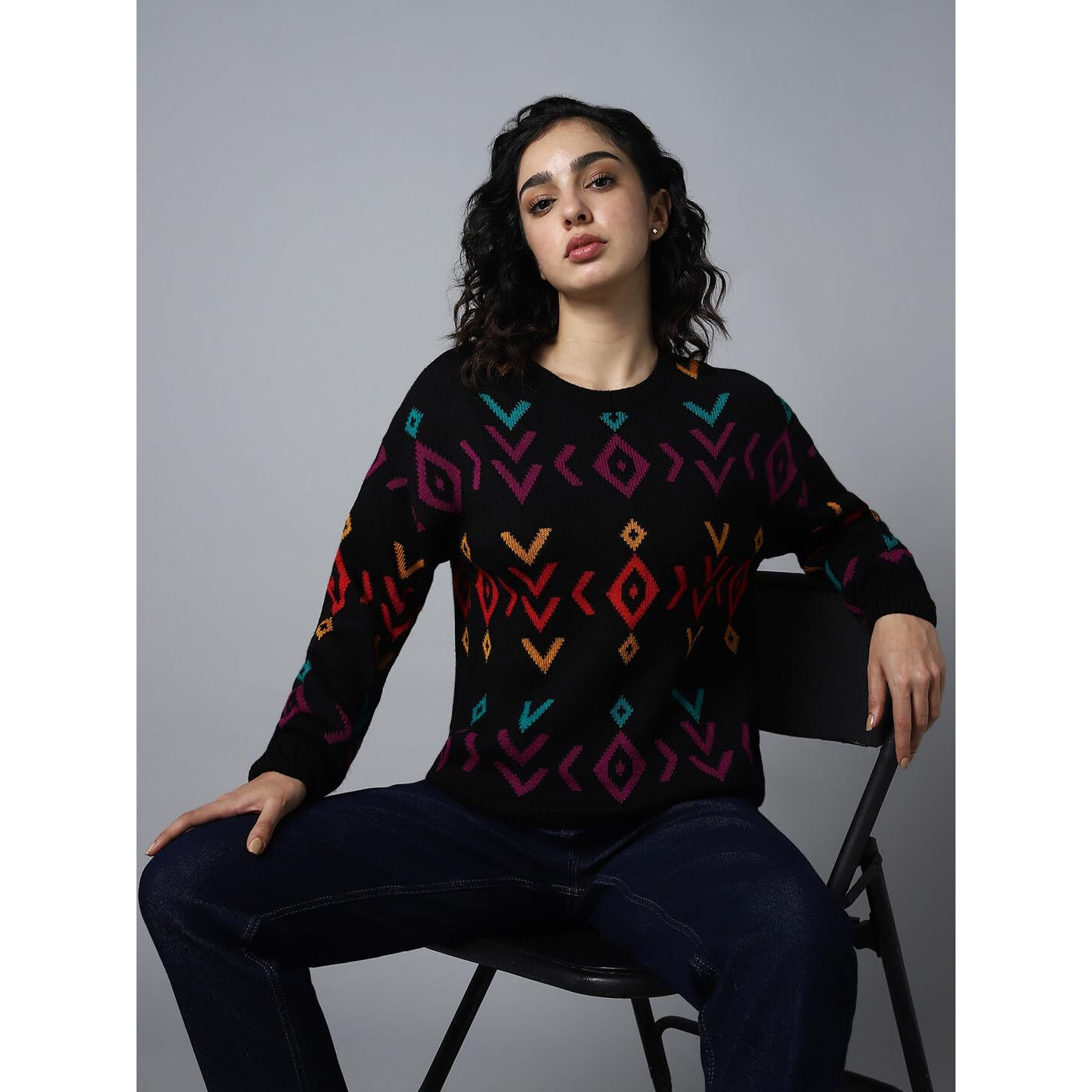 High Star Women's Acrylic Round Neck Pullover Sweater (Hswsww23001_Mc2_Multicolored2 Black