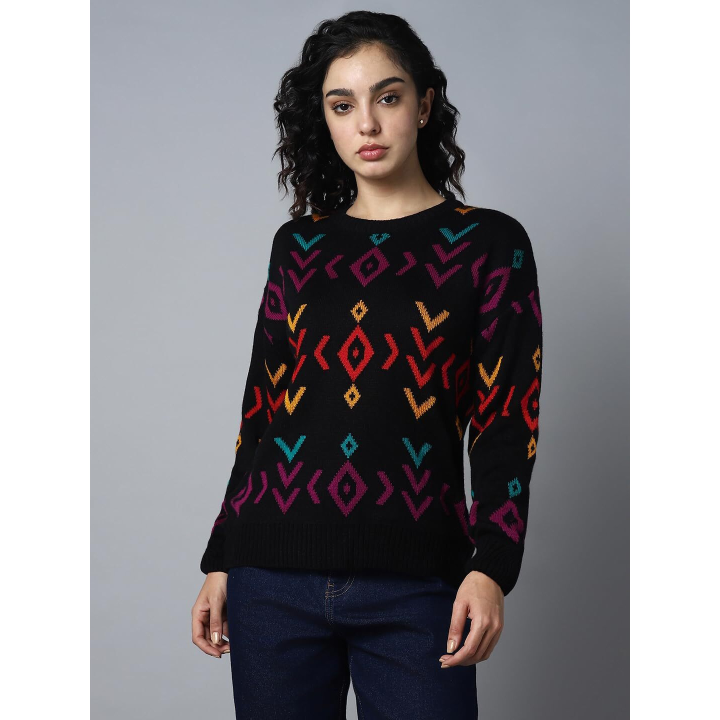 High Star Women's Acrylic Round Neck Pullover Sweater (Hswsww23001_Mc2_Multicolored2 Black