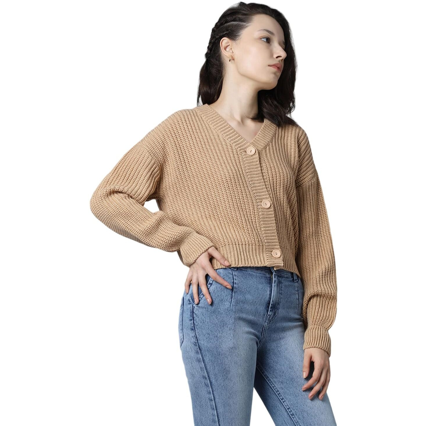 High Star Beige Acrylic Solid Long Sleeves V-Neck Sweaters_Hswsww23006_Be_Xl