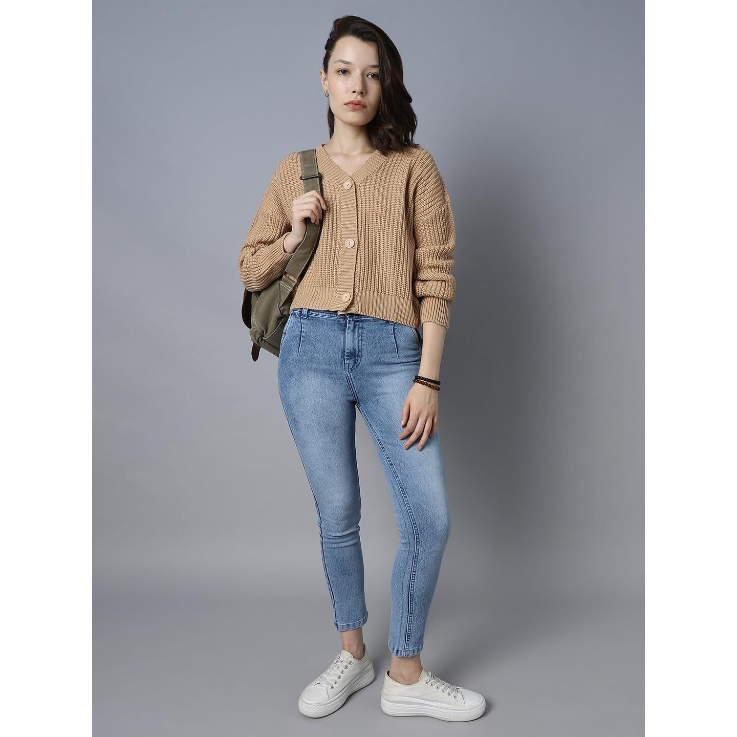 High Star Beige Acrylic Solid Long Sleeves V-Neck Sweaters_Hswsww23006_Be_Xl