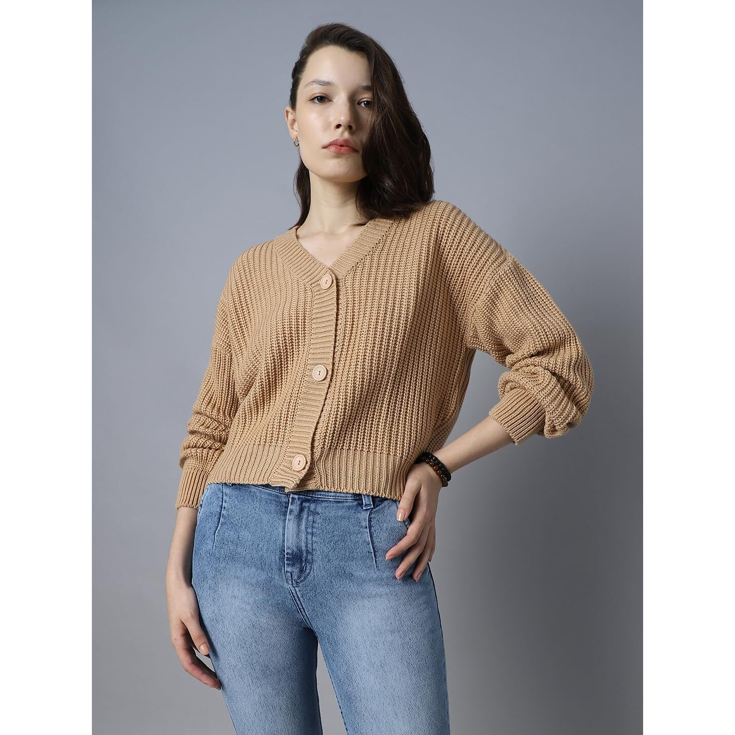 High Star Beige Acrylic Solid Long Sleeves V-Neck Sweaters_Hswsww23006_Be_Xl