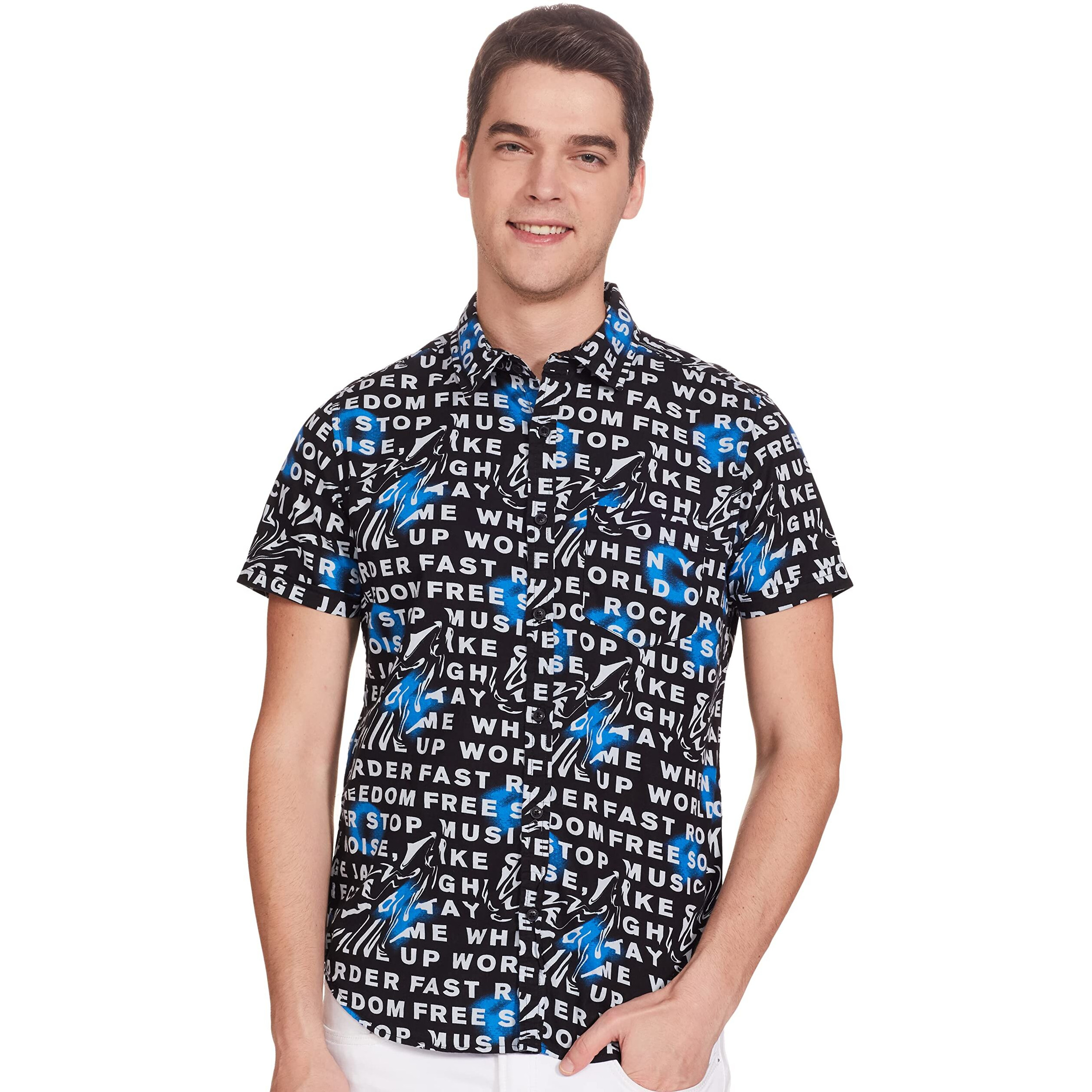 Ketch Men Cotton Letter Print Straight Fit Shirt (Khsh000806_Black/White L)