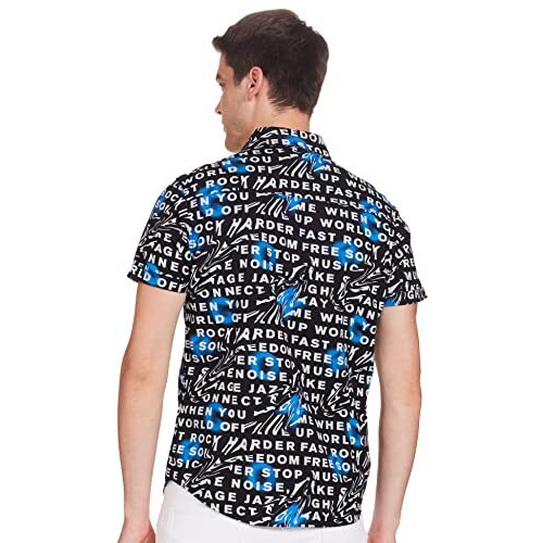 Ketch Men Cotton Letter Print Straight Fit Shirt (Khsh000806_Black/White L)