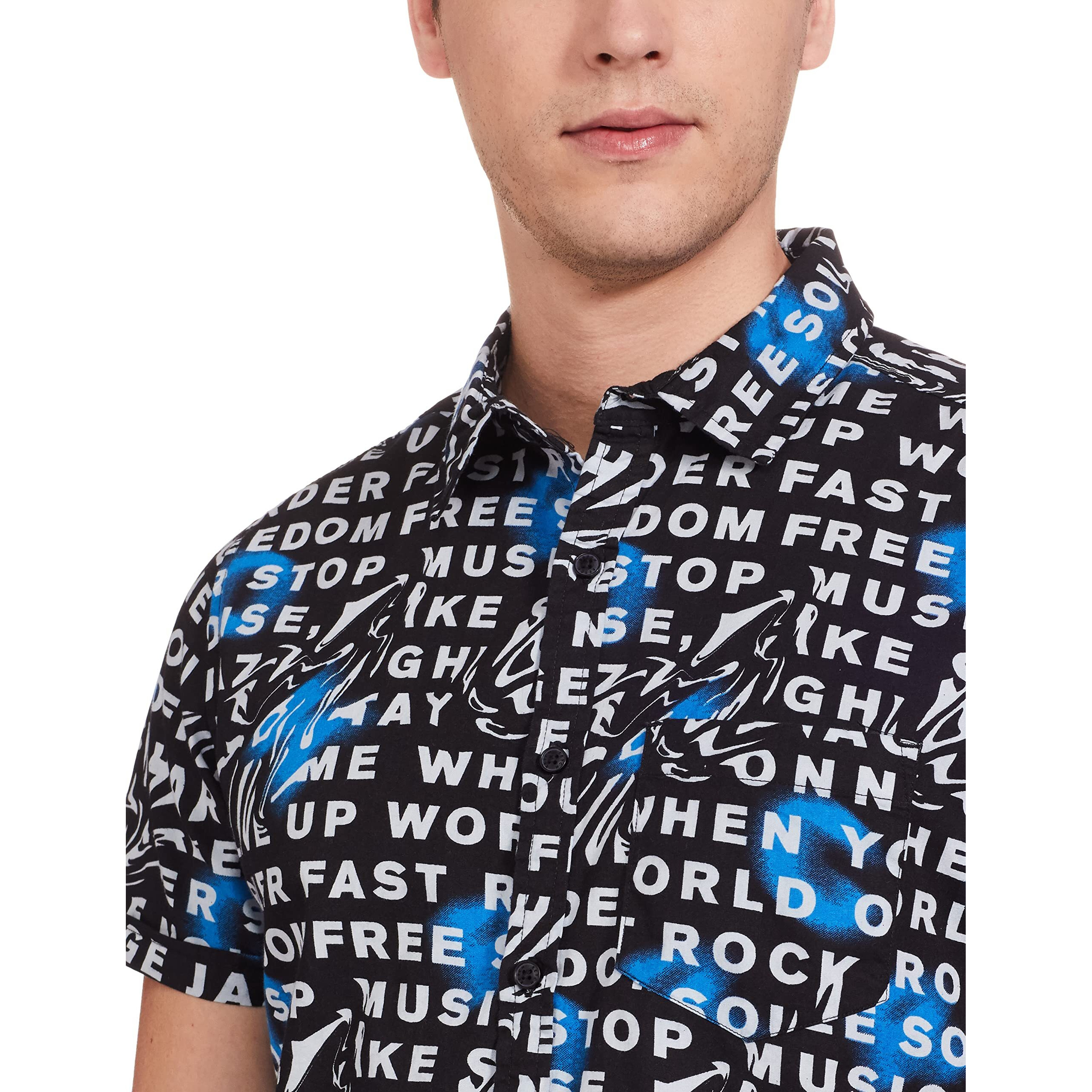 Ketch Men Cotton Letter Print Straight Fit Shirt (Khsh000806_Black/White L)