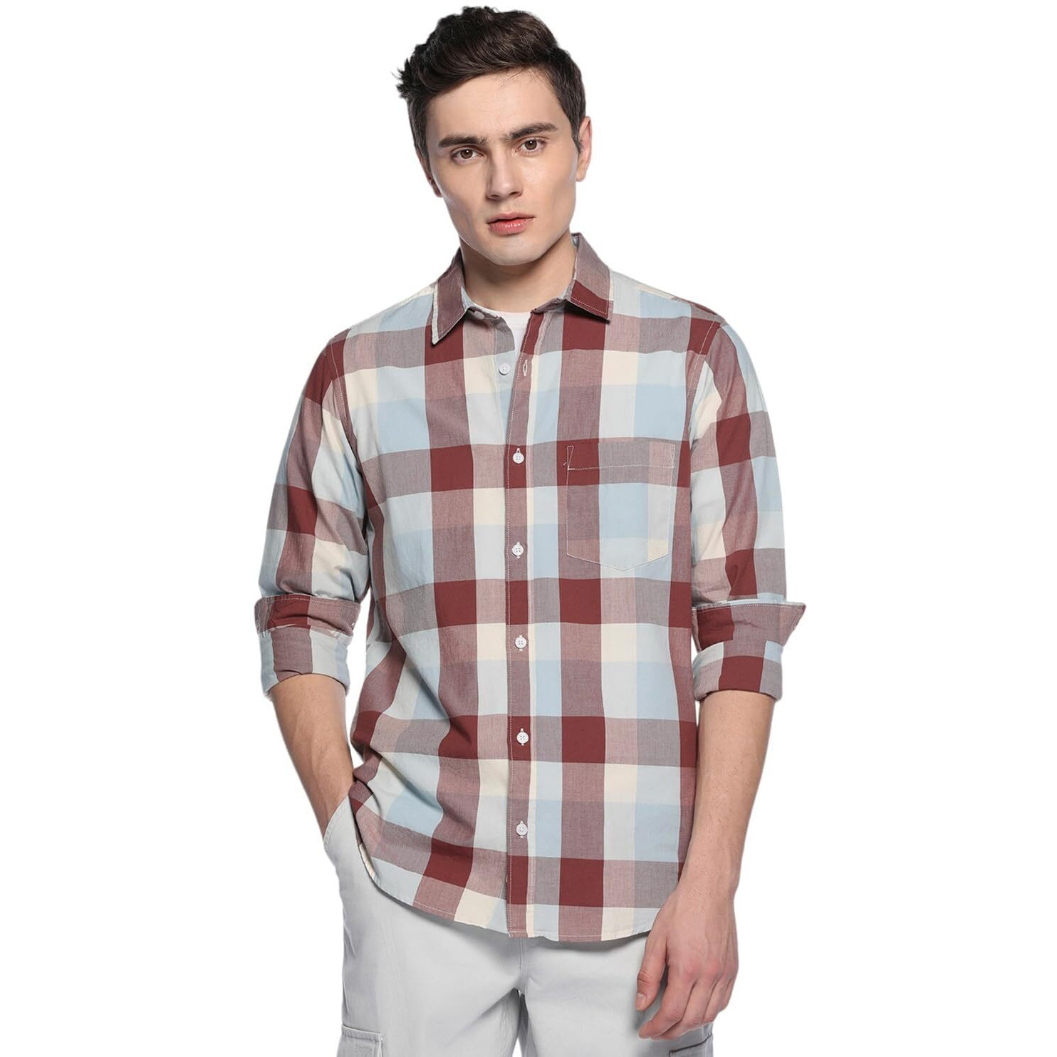 Dennis Lingo Men Red Slim Fit Button Down Casual Shirt (Dlmshw23012_Rd, Red, S)