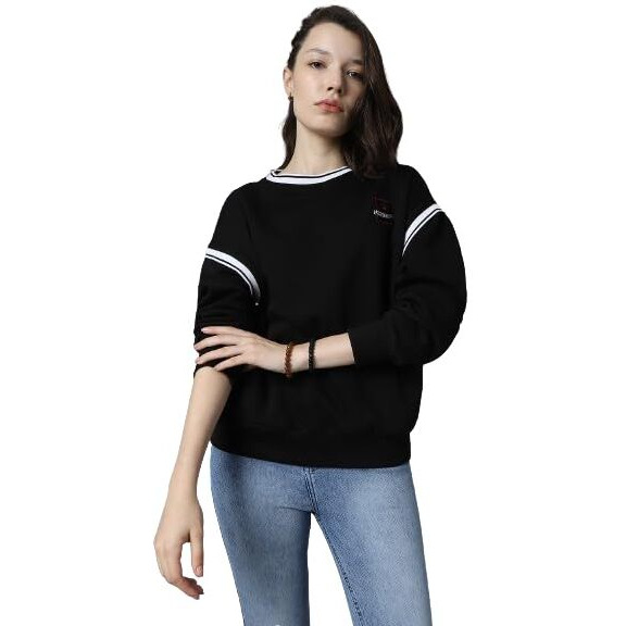 High Star Black Cotton Polyester Long Sleeves Round Neck Na Sweatshirts_Hswssw23004_Bk_M