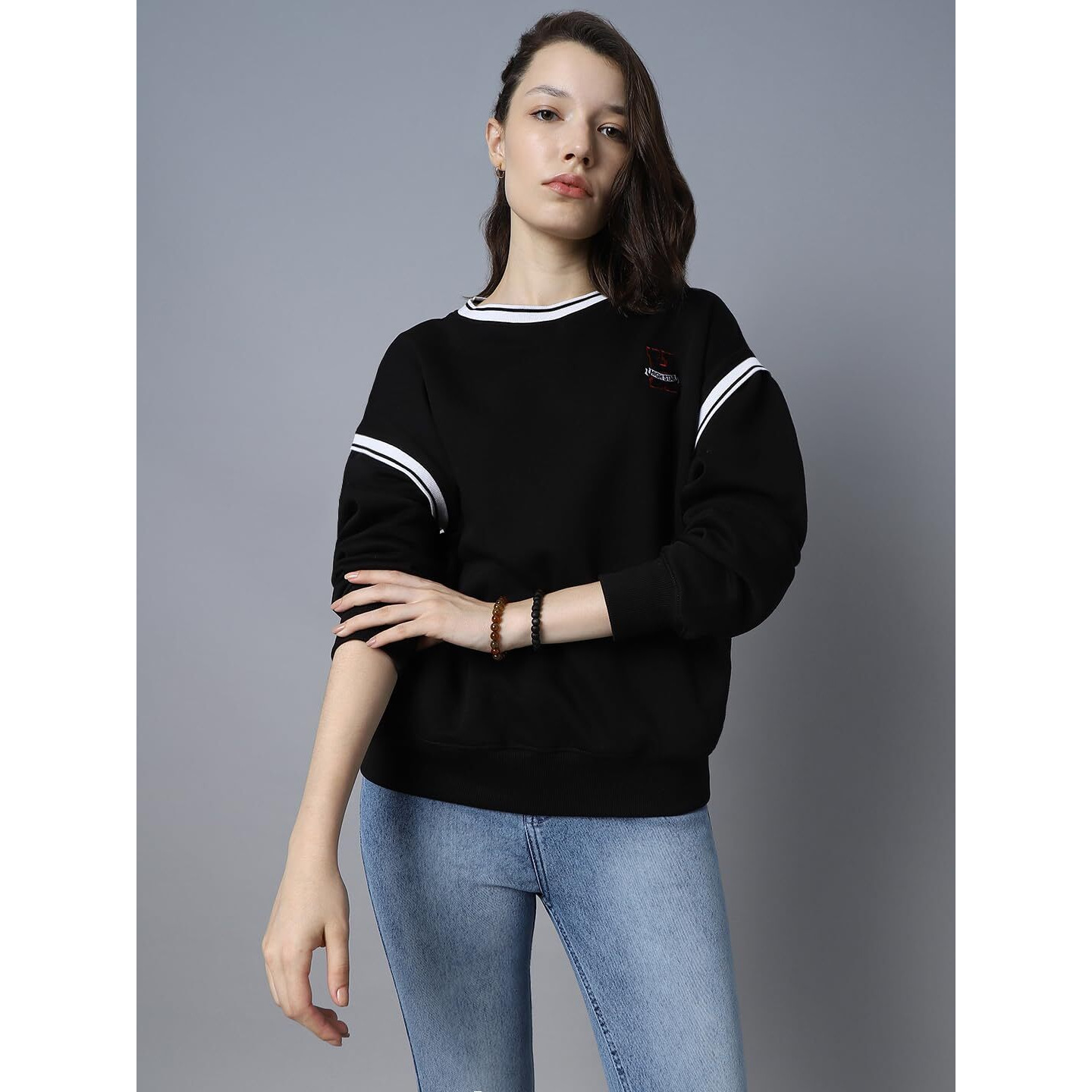 High Star Black Cotton Polyester Long Sleeves Round Neck Na Sweatshirts_Hswssw23004_Bk_M
