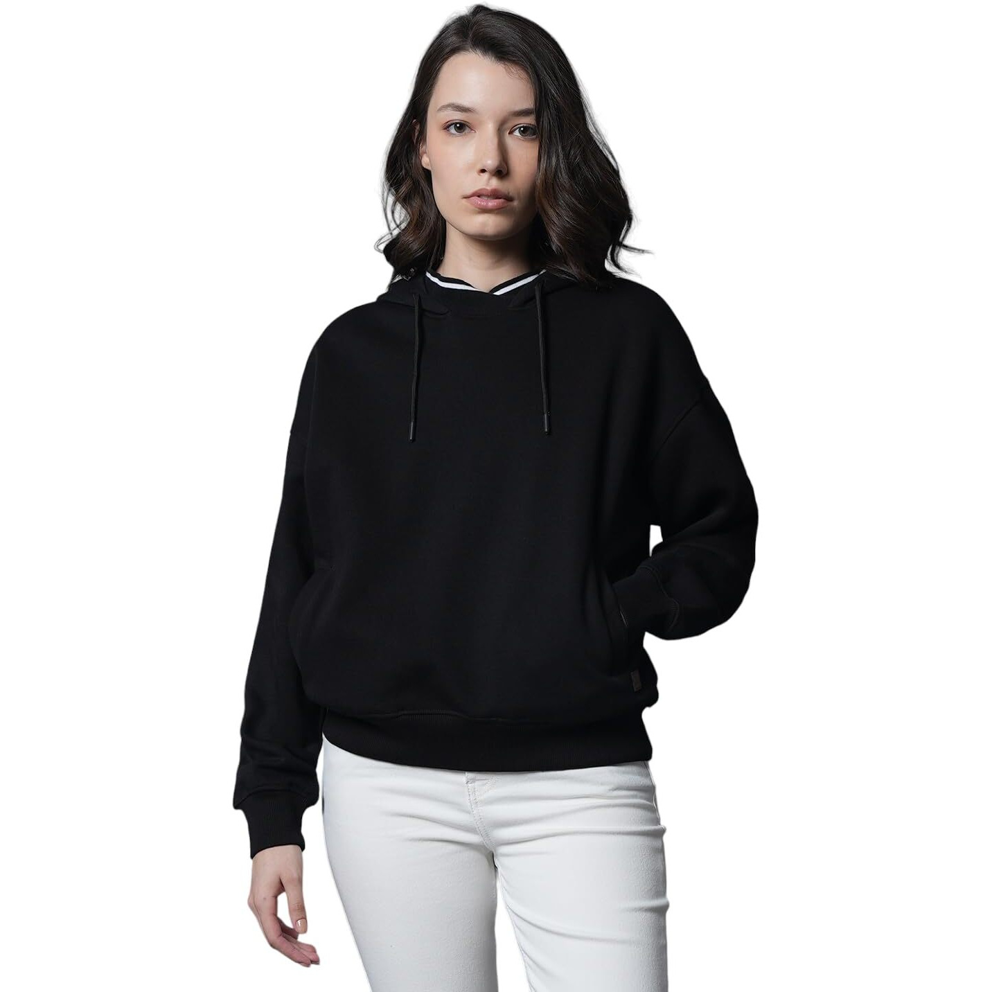 High Star Black Cotton Polyester Long Sleeves Hooded Neck Na Sweatshirts_Hswssw23005_Bk_M