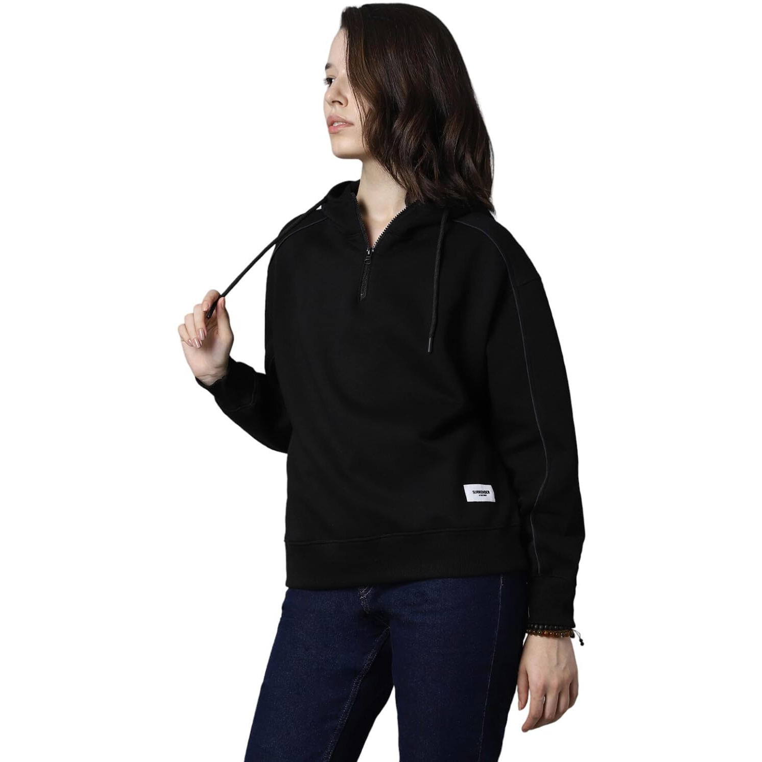 High Star Black Cotton Polyester Long Sleeves Hooded Neck Half Zipper Sweatshirts_Hswssw23008_Bk_M