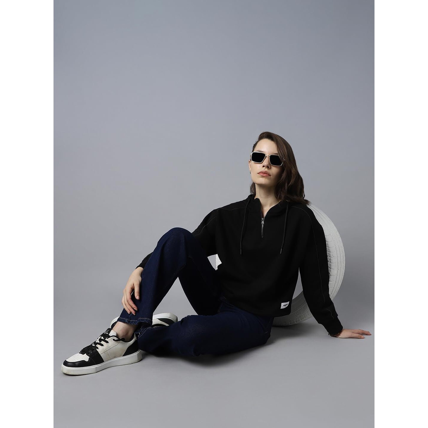 High Star Black Cotton Polyester Long Sleeves Hooded Neck Half Zipper Sweatshirts_Hswssw23008_Bk_M