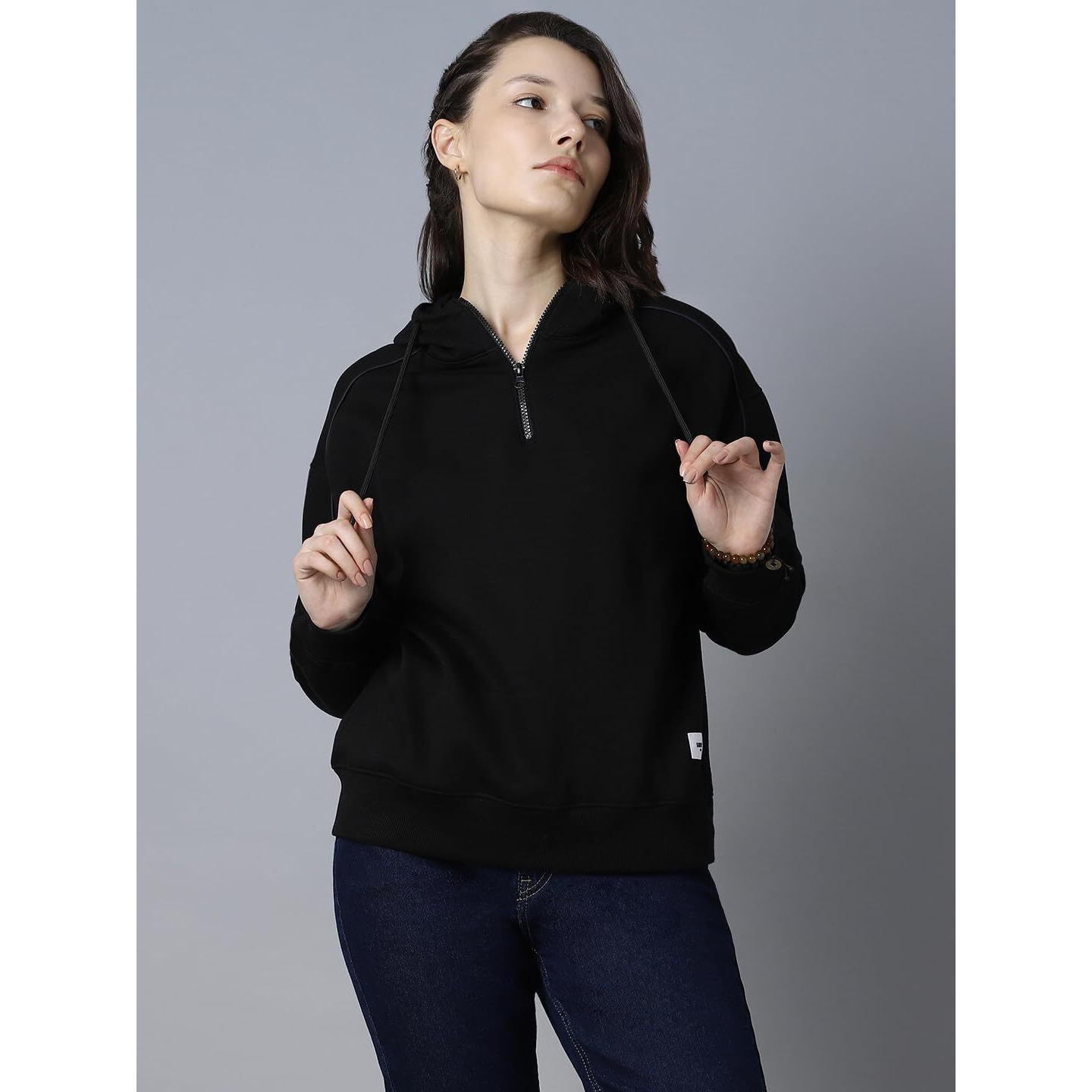 High Star Black Cotton Polyester Long Sleeves Hooded Neck Half Zipper Sweatshirts_Hswssw23008_Bk_L