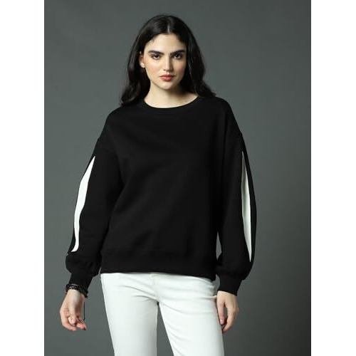 High Star Black Cotton Polyester Long Sleeves Round Neck Na Sweatshirts_Hswssw23009_Bk_Xl