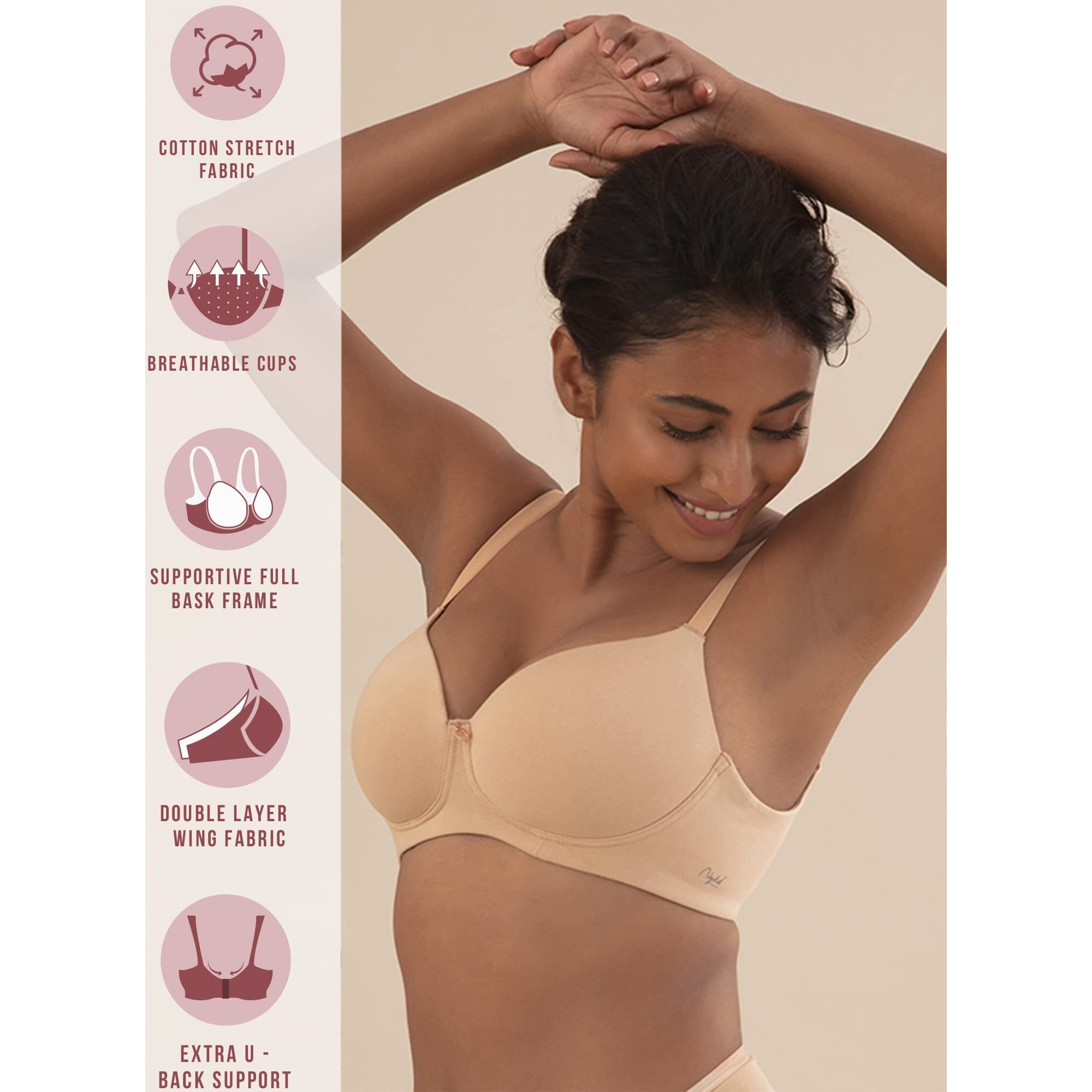 Nykd By Nykaa Wireless Everyday Cotton T-Shirt Bra For Women Daily Use - Wire-Free Shaping Bra, Padded, 3/4Th Coverage - Nyb094 (Nude,32B)