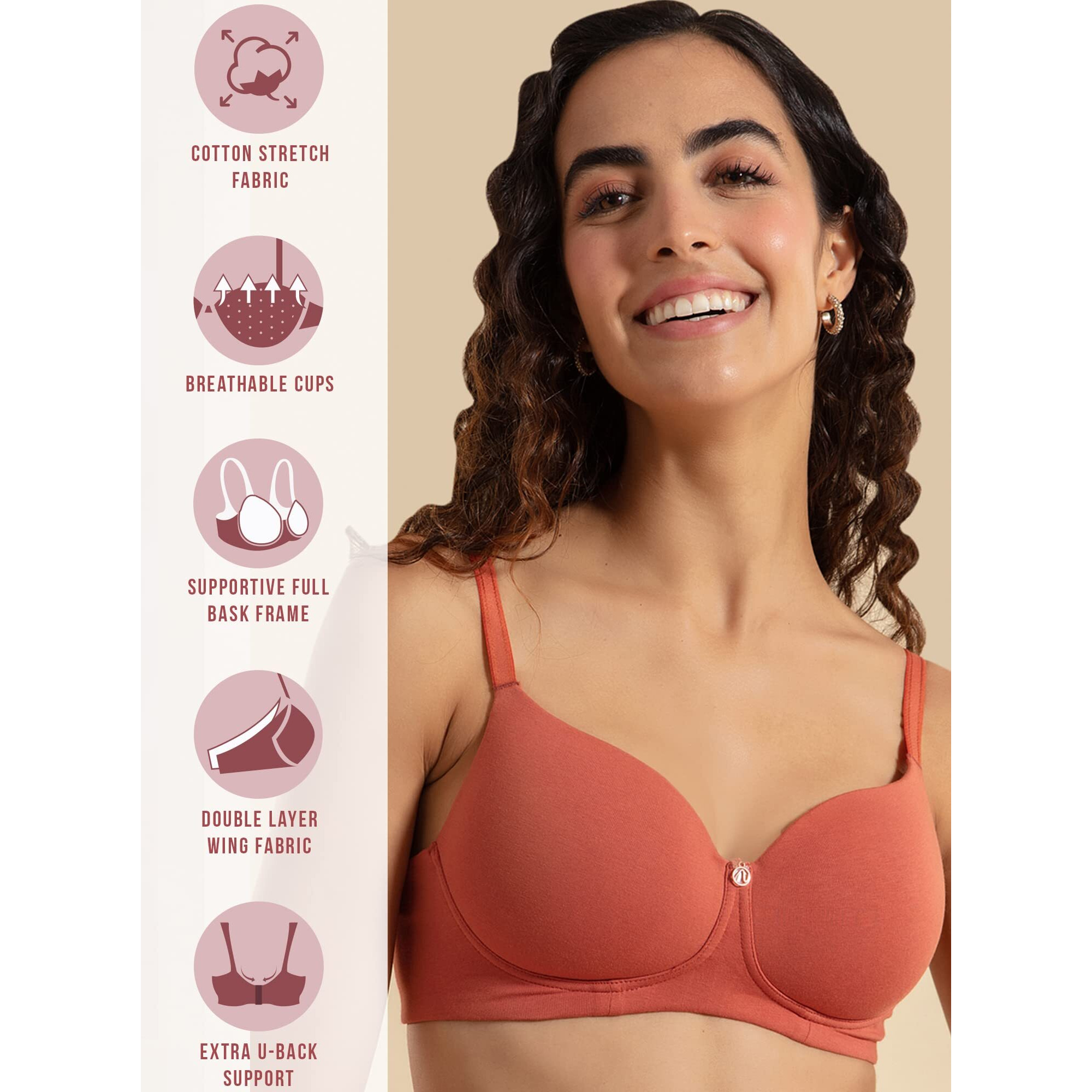 Nykd Wireless Everyday Cotton Bra For Women Daily Use - Wire-Free Shaping Bra, Padded, 3/4Th Coverage - Bra, Nyb094, Carrot, 36D, 1N Orange