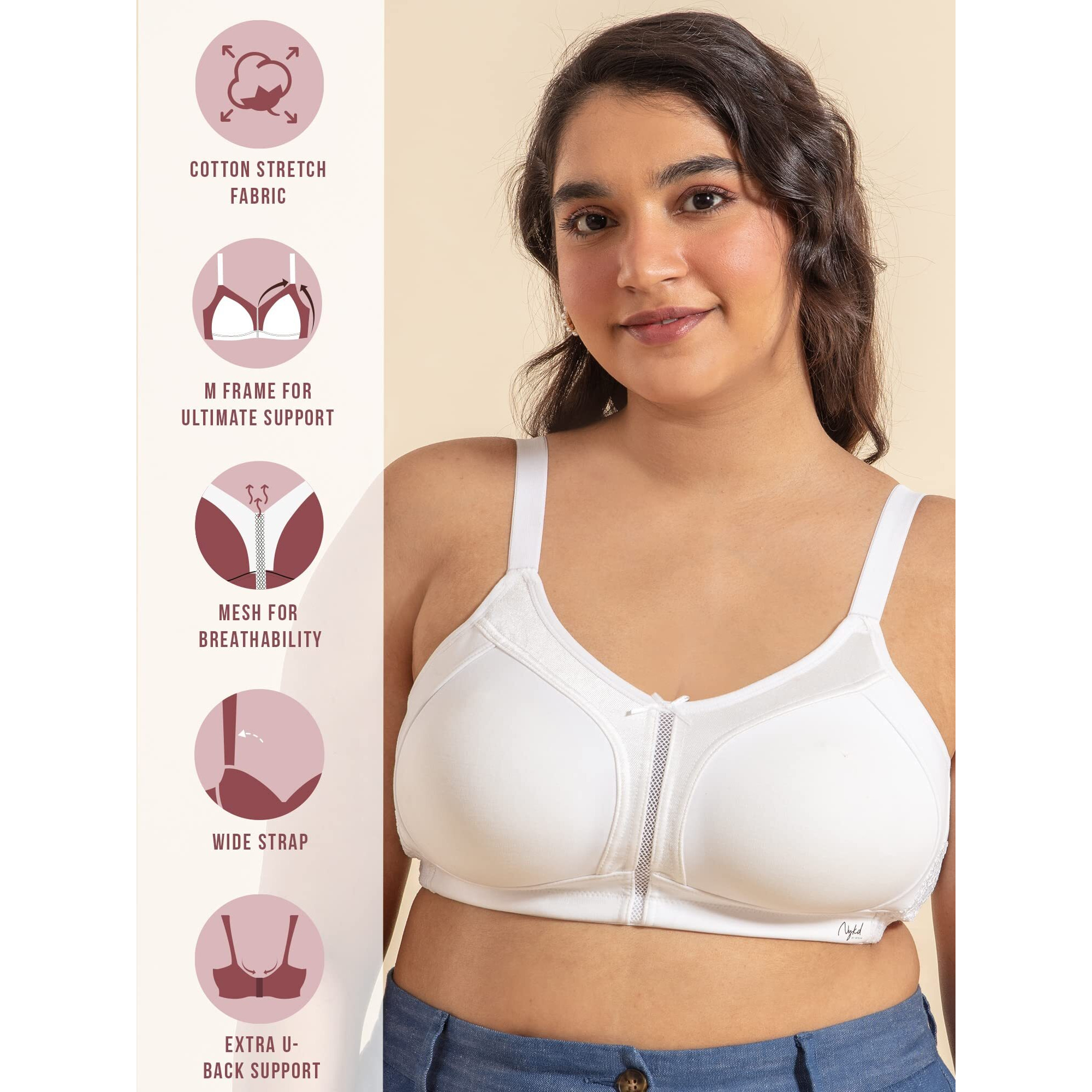 Nykd (Nyb101 Cotton Non Padded & Non Wired Everyday Bra For Women | M-Frame Structure For Bounce Control With Full Coverage & Super Soft Wide Straps - White