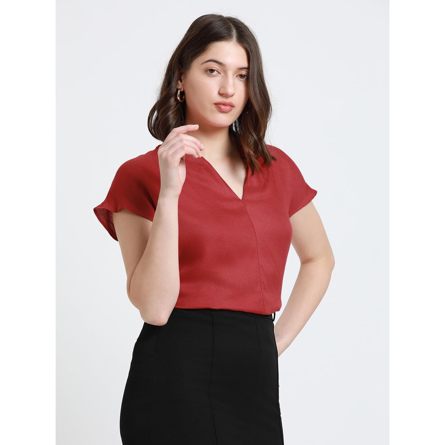 Dennis Lingo Dl Woman Solid Regular Fit V-Neck Short Sleeves Top Red