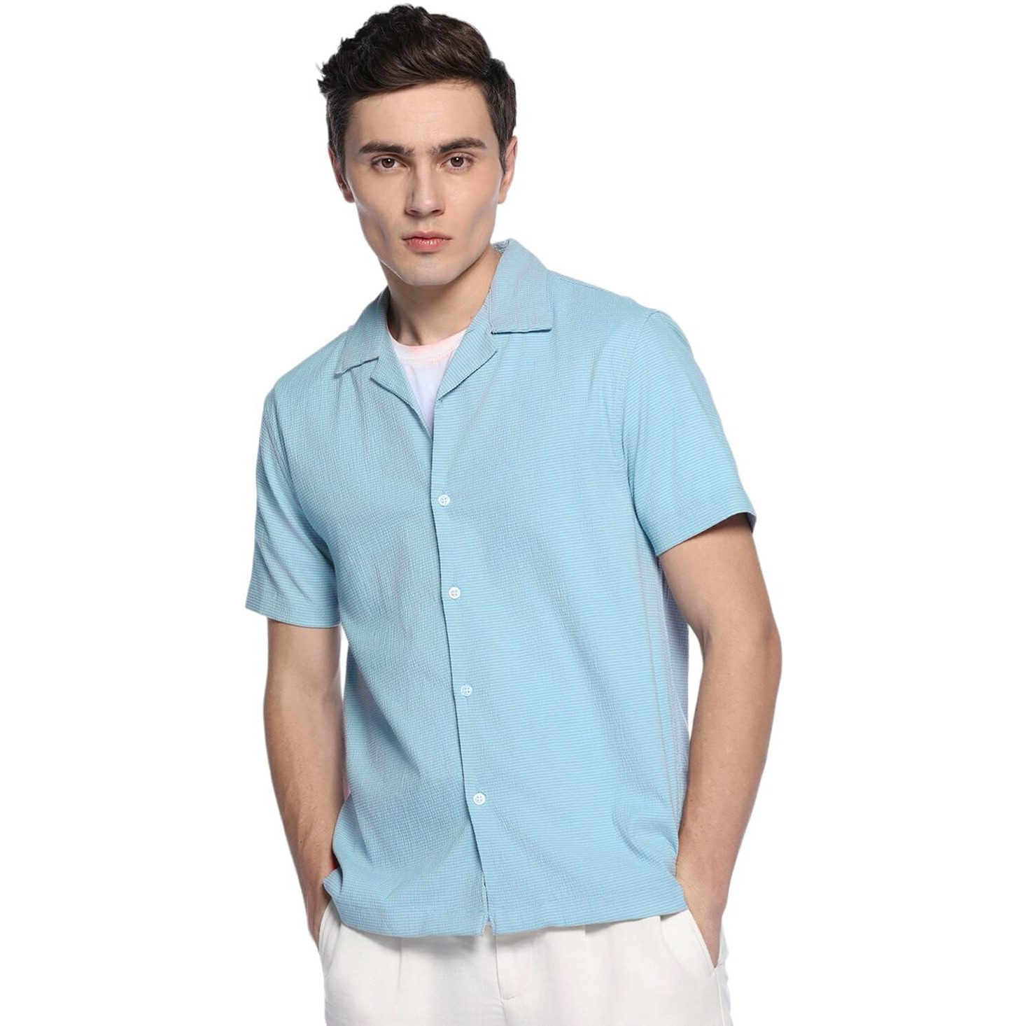 Dennis Lingo Men Blue Relaxed Fit Cuban Collar Casual Shirt (Dlmshs24055_Bl, Blue, 2Xl)