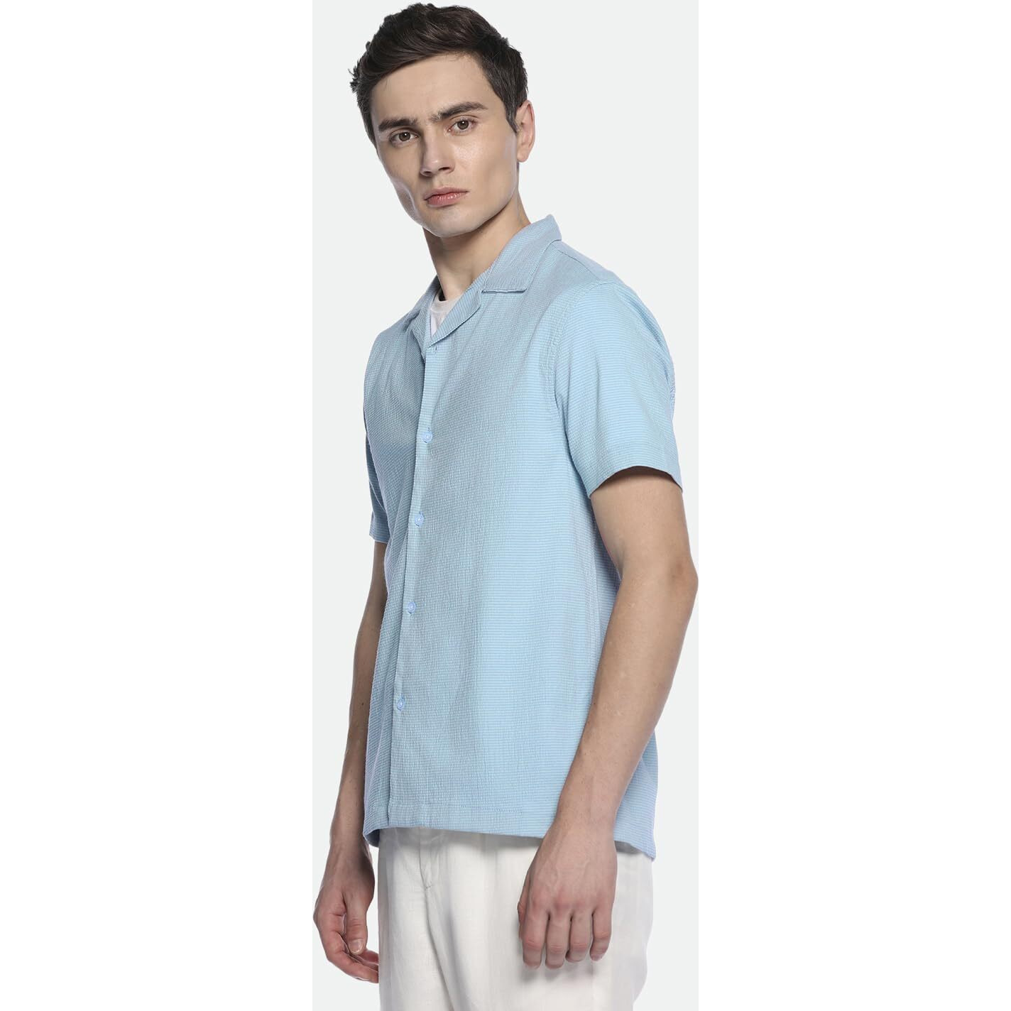 Dennis Lingo Men Blue Relaxed Fit Cuban Collar Casual Shirt (Dlmshs24055_Bl, Blue, 2Xl)