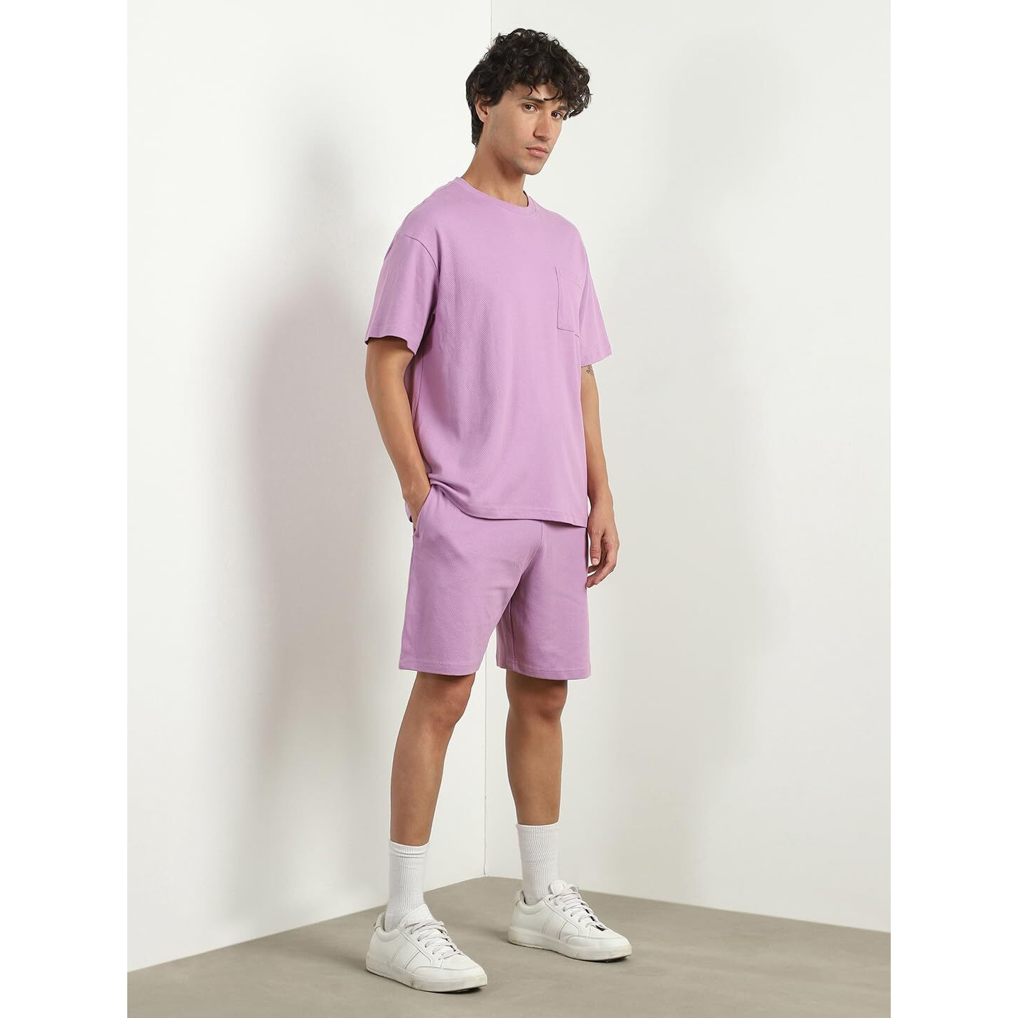 Nobero Men's Mauve Oversized Hudson Co-Ord Set - Pink Popcorn Textured Co-Ord Set - Oversized Co-Ord Sets For Men - S