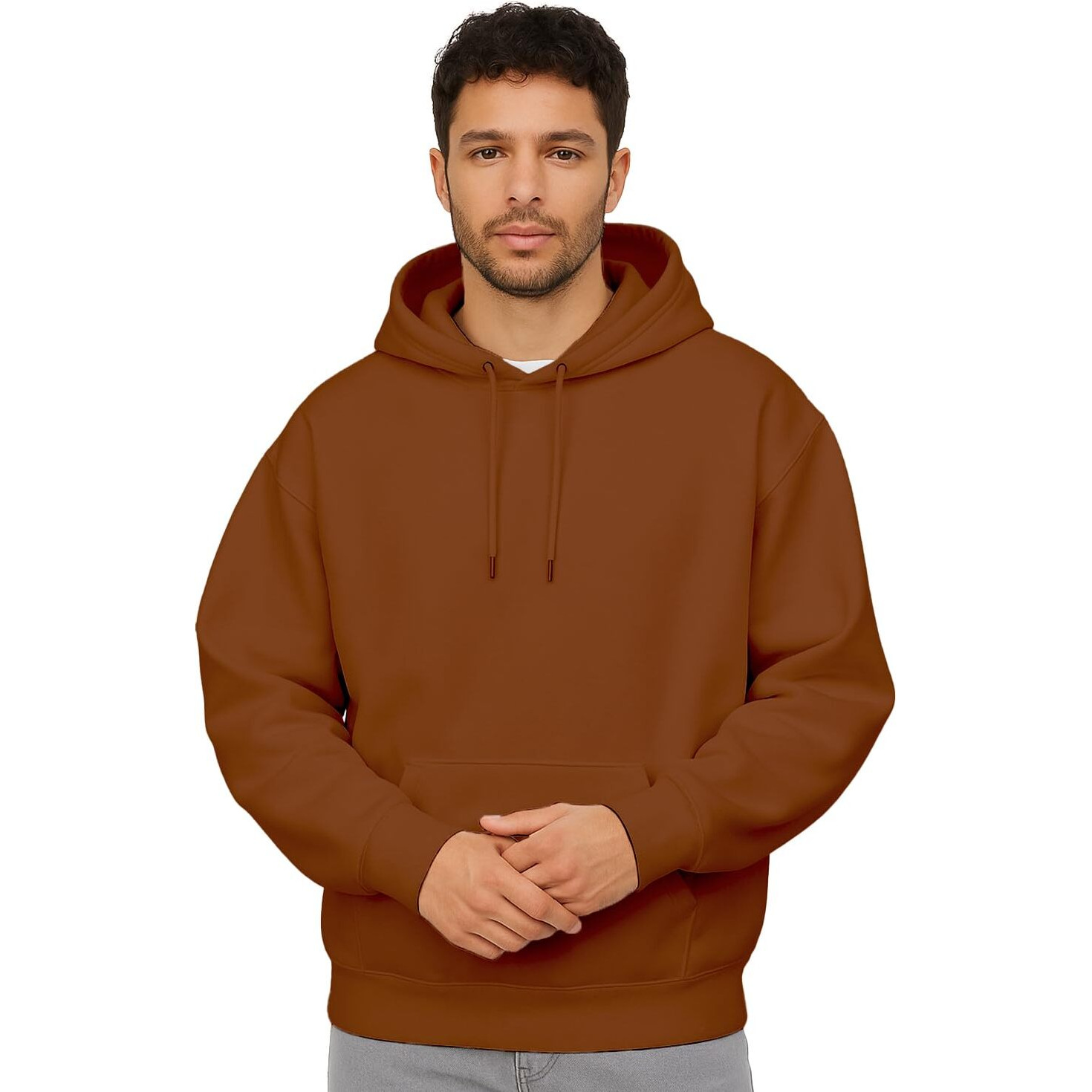 Nobero Men's Cotton Blend Neck Hooded Loose Sweatshirt (1M-Twho-R0041_Mocha Bisque_Xl0