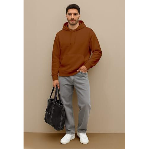 Nobero Men's Cotton Blend Neck Hooded Loose Sweatshirt (1M-Twho-R0041_Mocha Bisque_Xl0