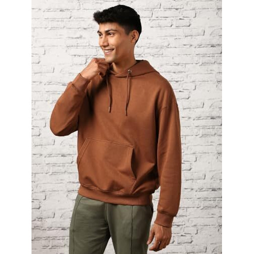 Nobero Men's Cotton Blend Neck Hooded Loose Sweatshirt (1M-Twho-R0041_Mocha Bisque_Xl0