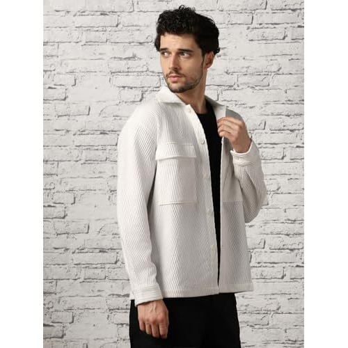 Nobero Men's Self Design Polyester Standard Length Relaxed Fit Jacket (1M-Twjk-R0003_White Small)