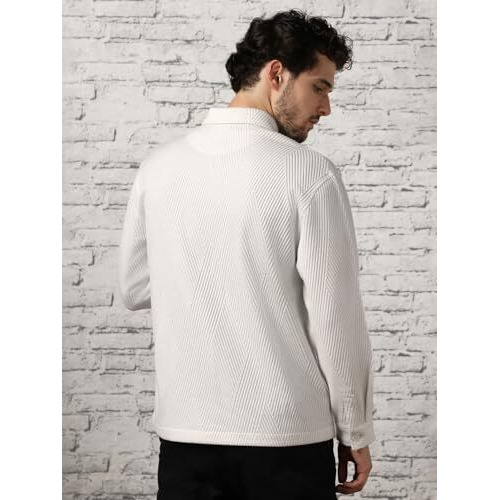 Nobero Men's Self Design Polyester Standard Length Relaxed Fit Jacket (1M-Twjk-R0003_White Small)