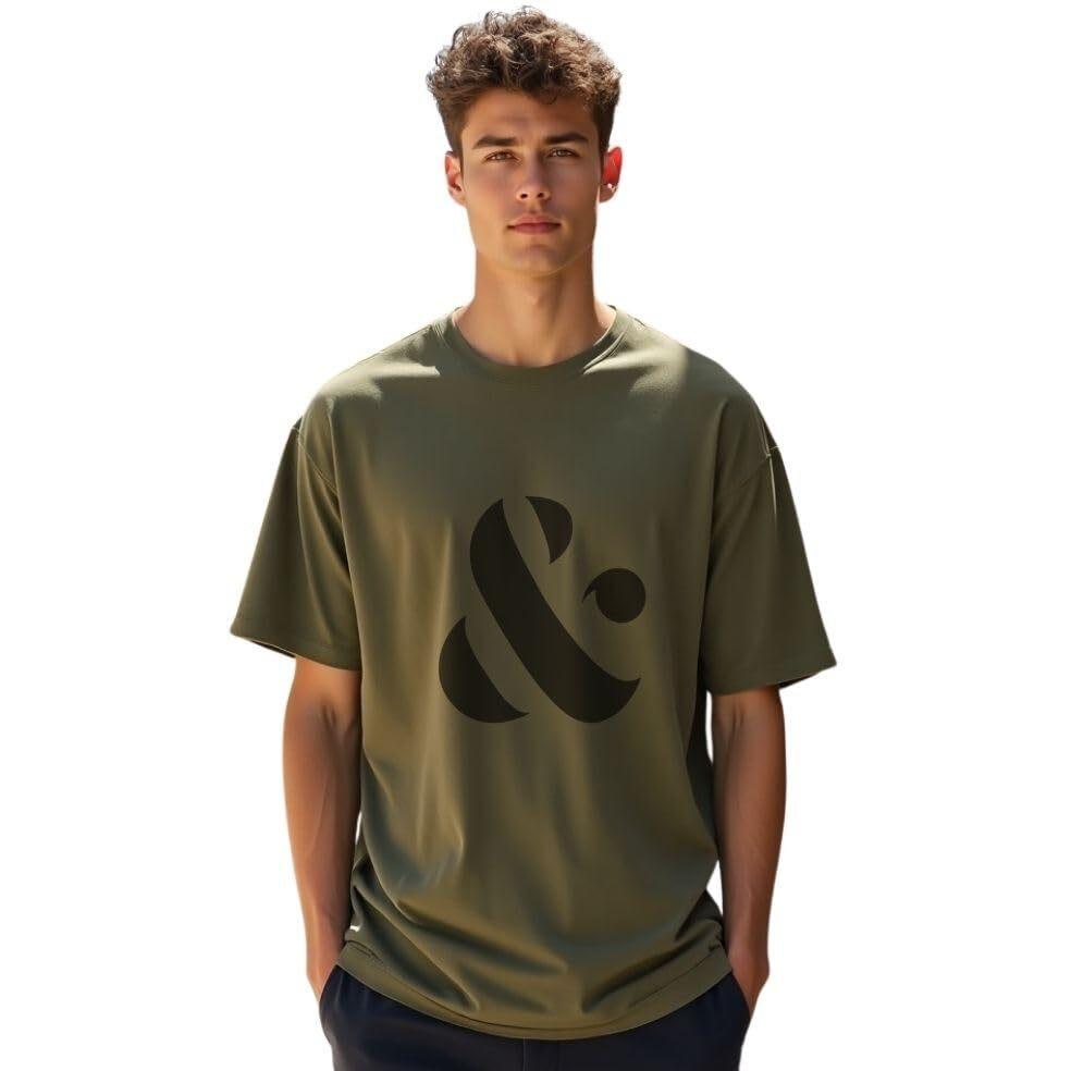 Nobero Cotton Men's Letter Print Oversized Fit T-Shirt (1M-Twrt-C0641-Og_Olive Green, Large