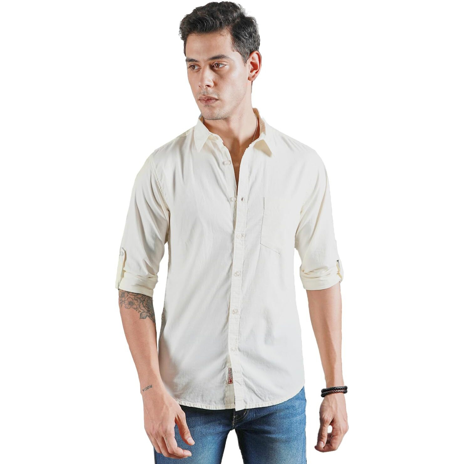 High Star Classic Spread Collar Roll-Up Sleeves Cotton Casual Shirt Off White