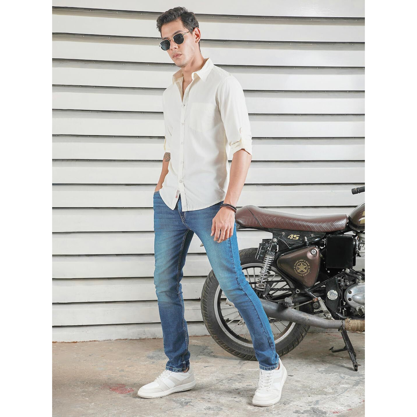 High Star Classic Spread Collar Roll-Up Sleeves Cotton Casual Shirt Off White