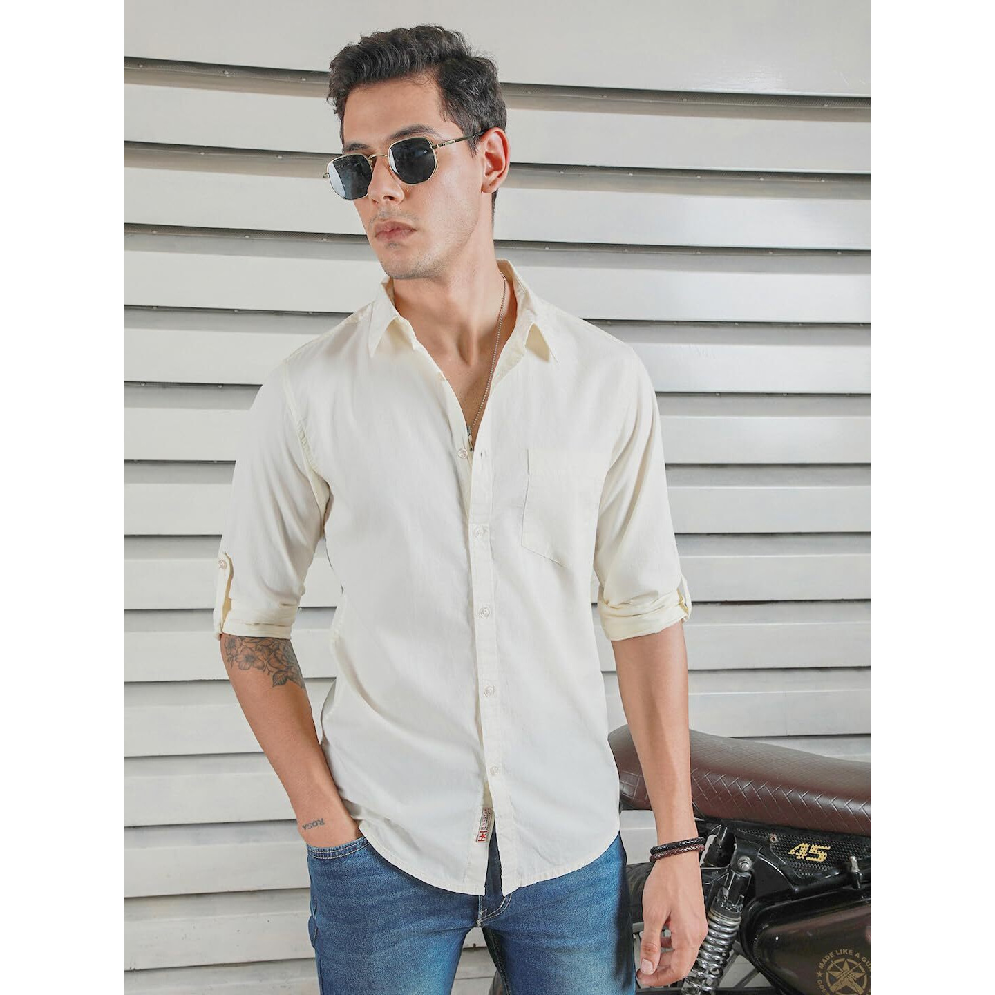 High Star Classic Spread Collar Roll-Up Sleeves Cotton Casual Shirt Off White